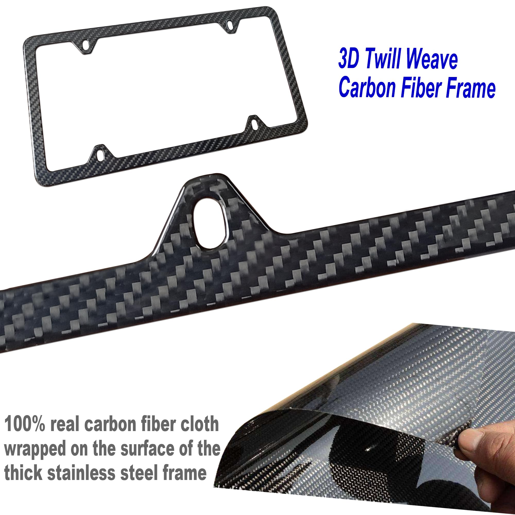 Zxfoog Carbon Fiber License Plate Frame- 100% Handcrafted Real Carbon Fiber Cloth Wrapped Holder, Slim Black Aluminum Car Tag Cover With Stainless Steel Screws Caps, Rattle Proof Pad, 1 Pack 4 Hole