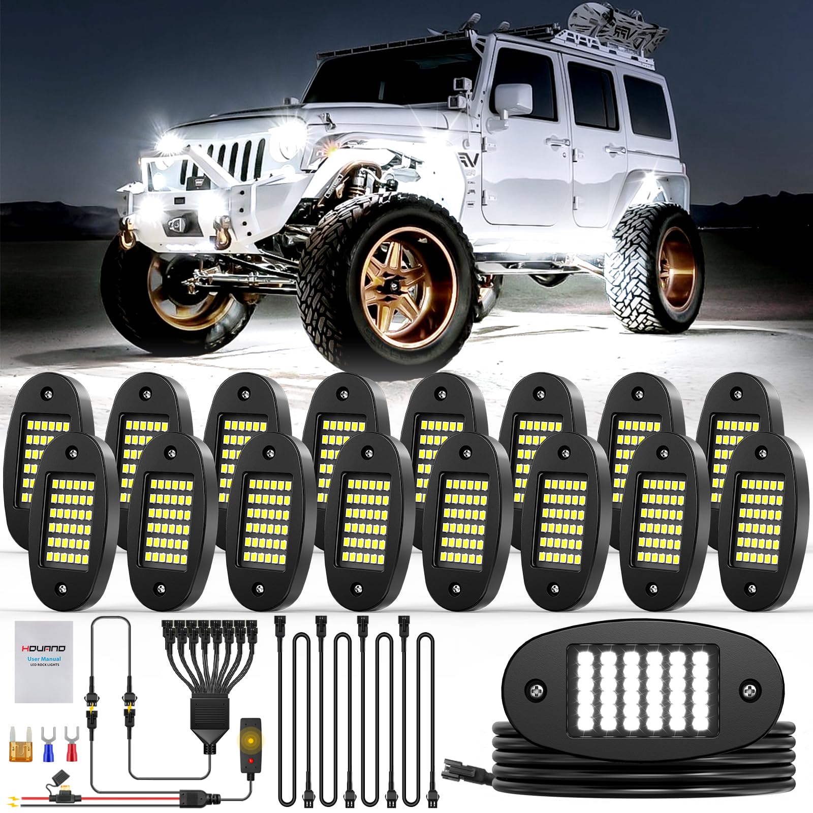 Hovano 16 Pods White Rock Light Kit with Wired Switch - 6500K Pure White LED Underglow, IP68 Waterproof, Super Bright 36 LEDs fo