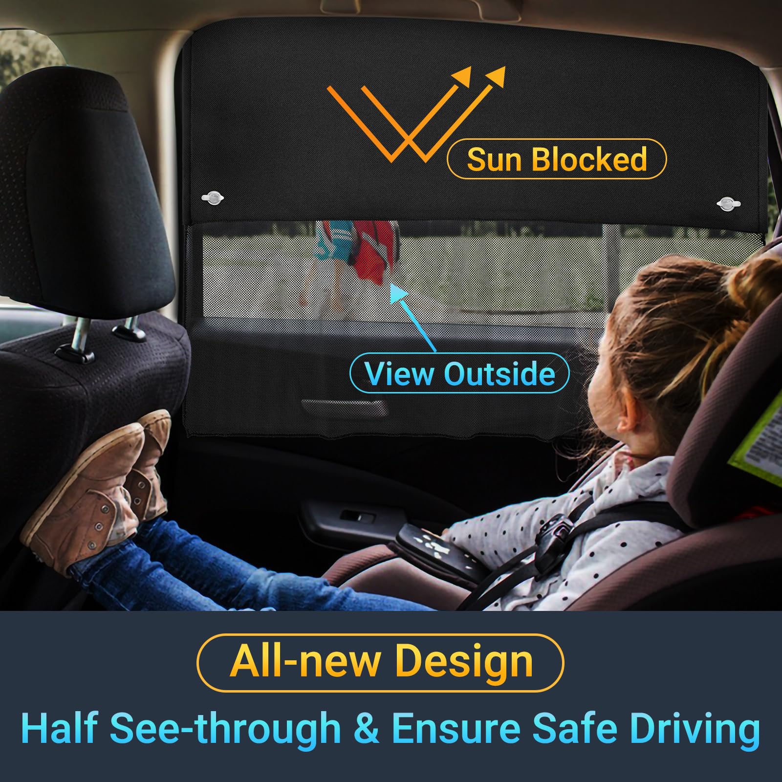 Car Window Shades, 2 Pcs Half Blackout & Half See-Through Magnetic Sun Shade For Rear Window Covers With Fixed Suction Cups,Car