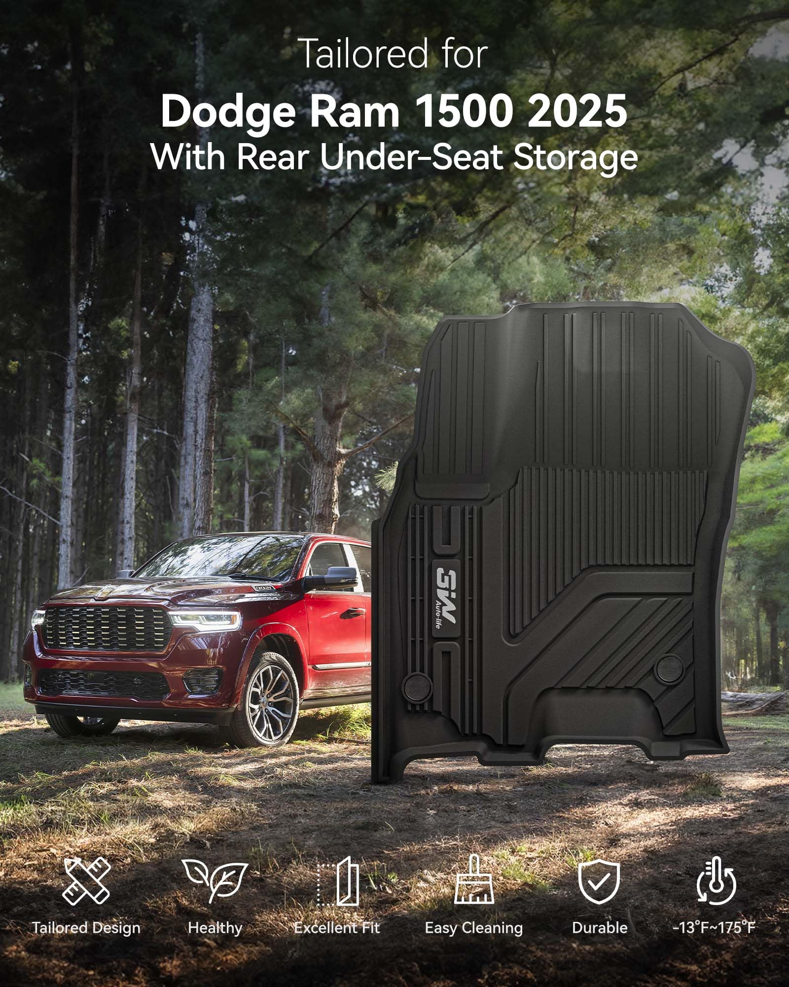 3W TPE All Weather Floor Mats for 2025-2026 Dodge Ram 1500 Crew Cab, Black, Custom Fit with Rear Under-Seat Storage