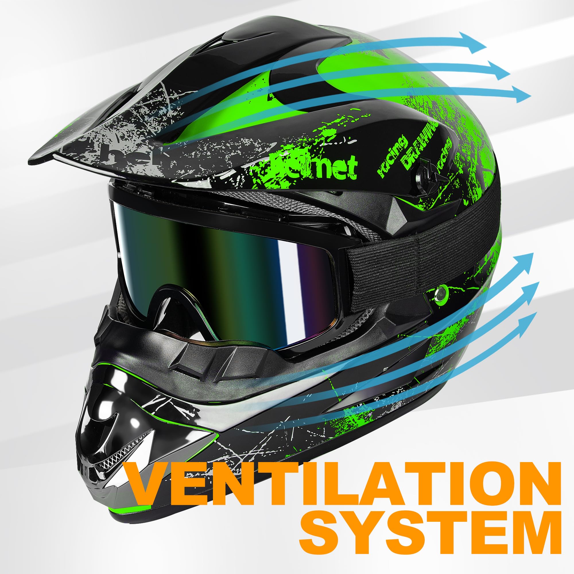 Yesmotor Youth Motocross Helmet Set - Full Face, DOT Approved, Medium, Green, Includes Gloves, Goggles, Mask, ABS Material
