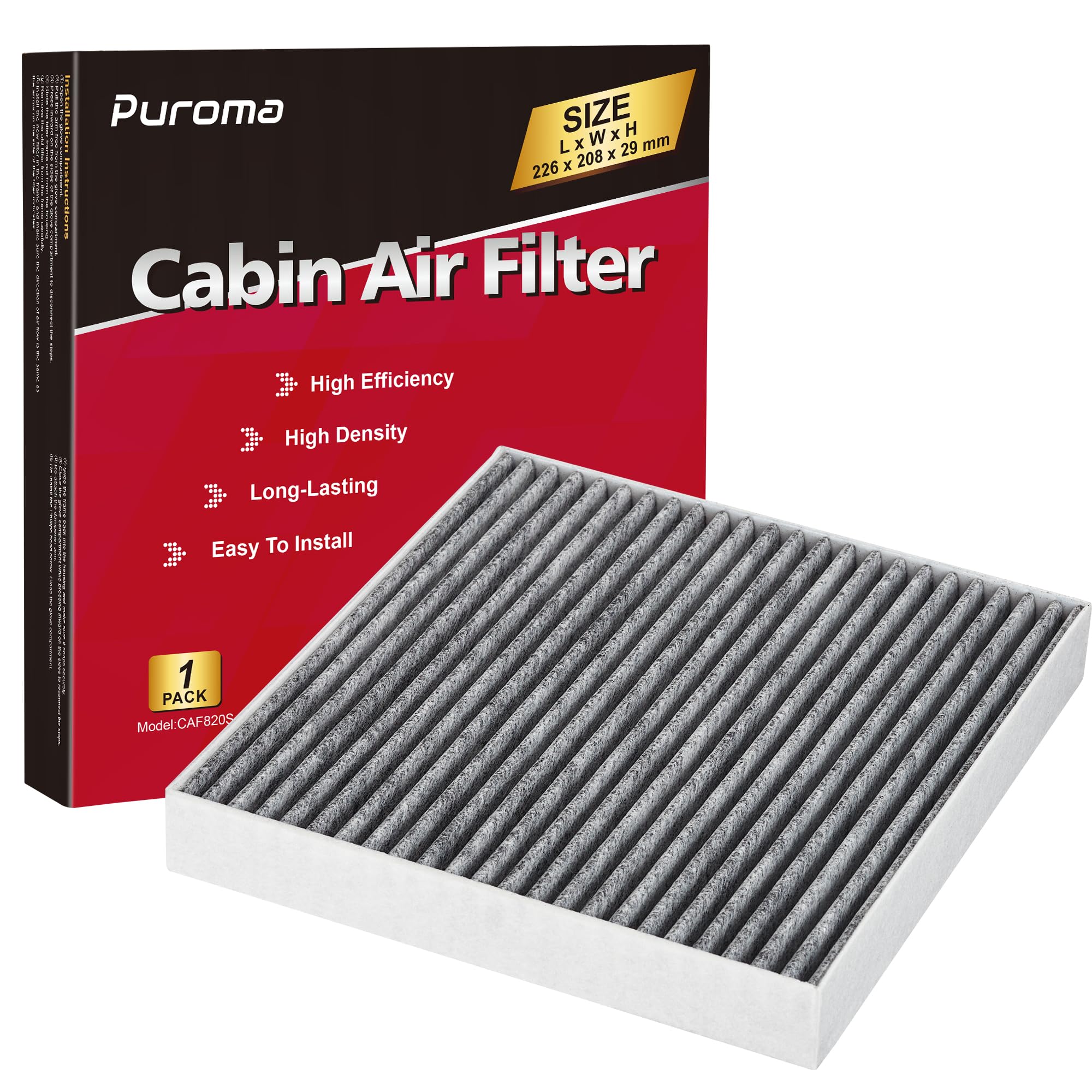 Puroma Cabin Air Filter With Activated Carbon, Compatible With Hyundai Elantra, Ioniq, Santa Cruz, Santa Fe, Sonata, Tucson, Kia