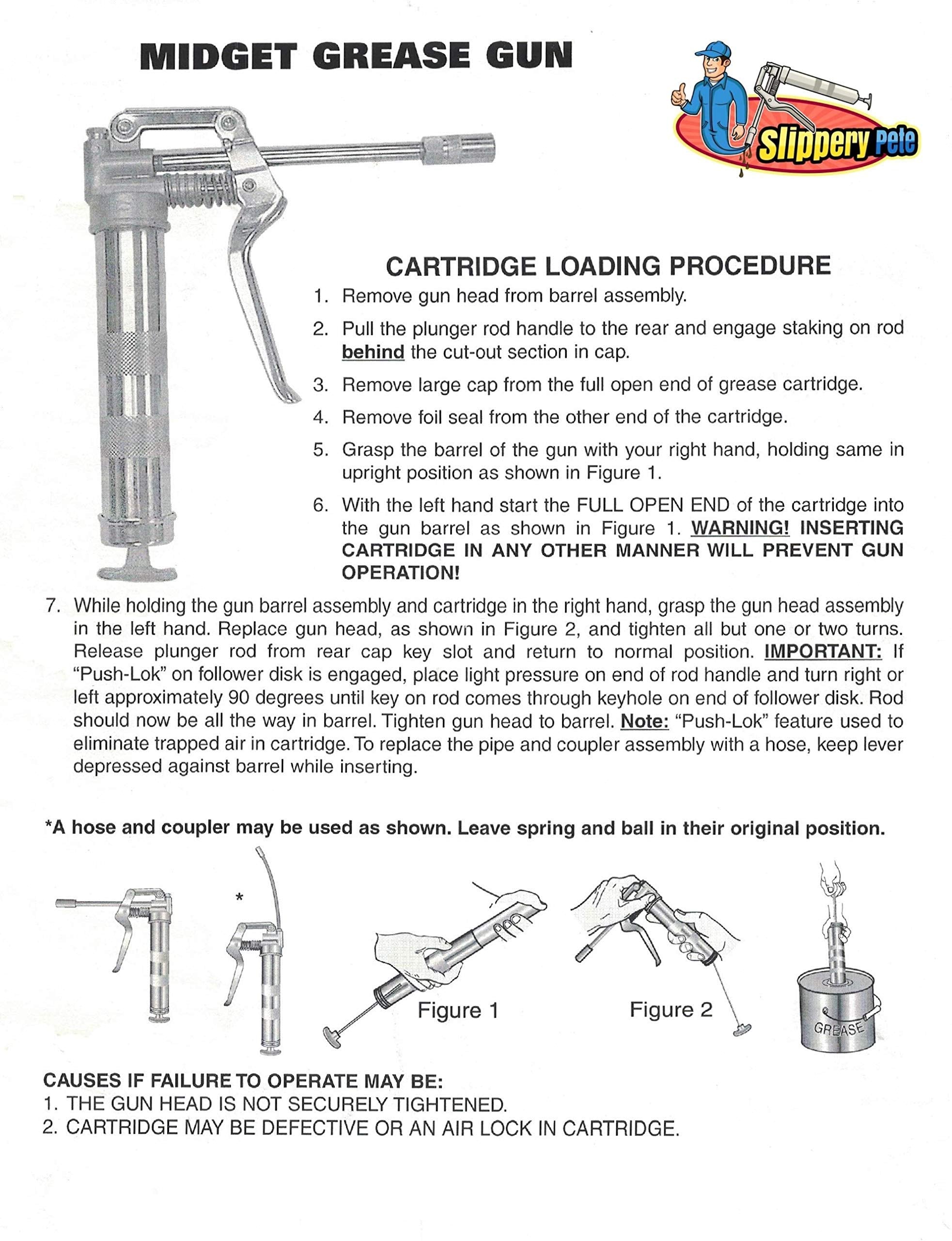 Slippery Pete Mini Pistol Grip Grease Gun. Heavy Duty Design For 3Oz Cartridges. 12 Inch Flexible Hose And 5 Inch Rigid Extensio
