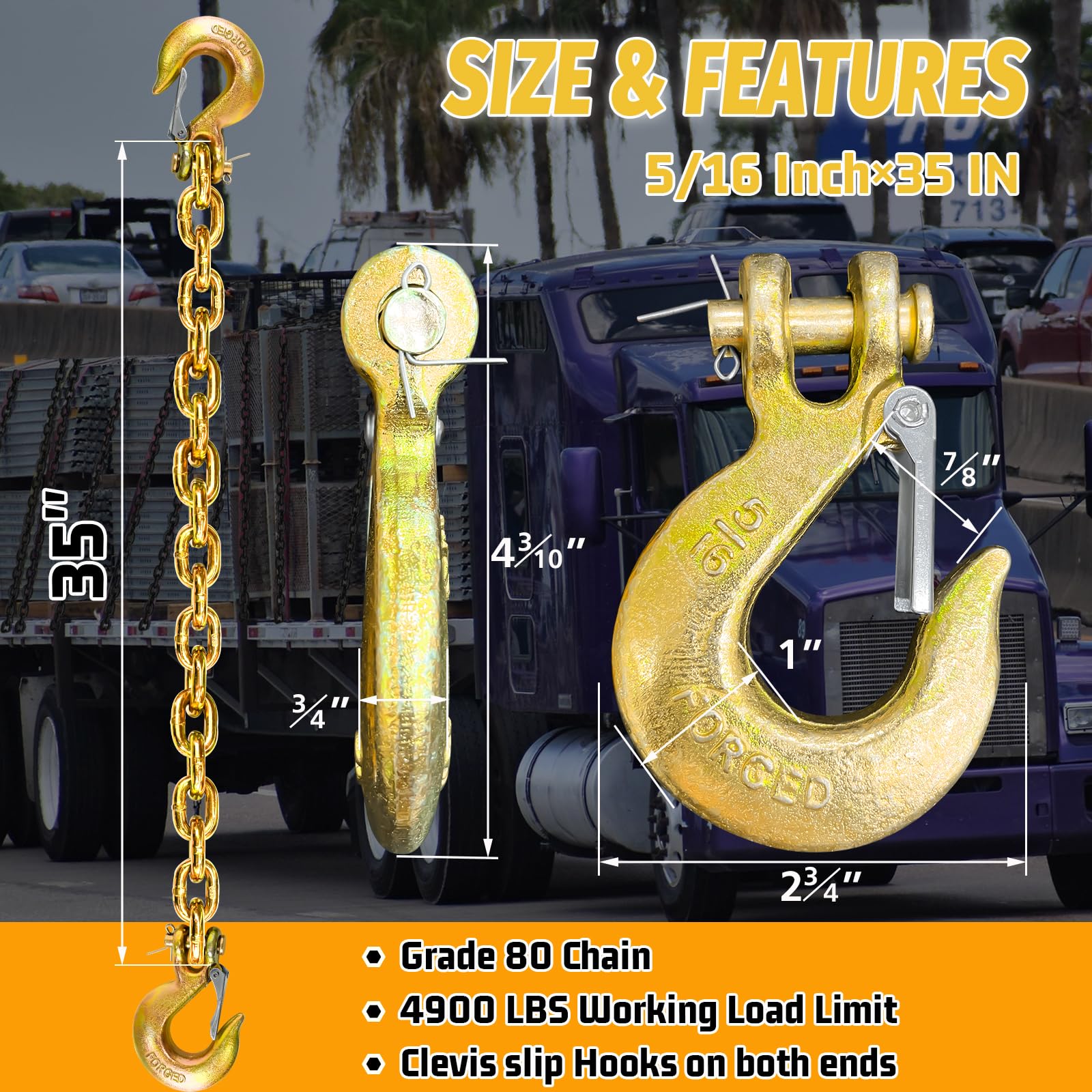 SENKEYFE 5/16" Trailer Safety Chains - G80 with 4 G70 Clevis Hooks, 36" Length, 17000 lbs Break Strength, Yellow, Heavy Duty (
