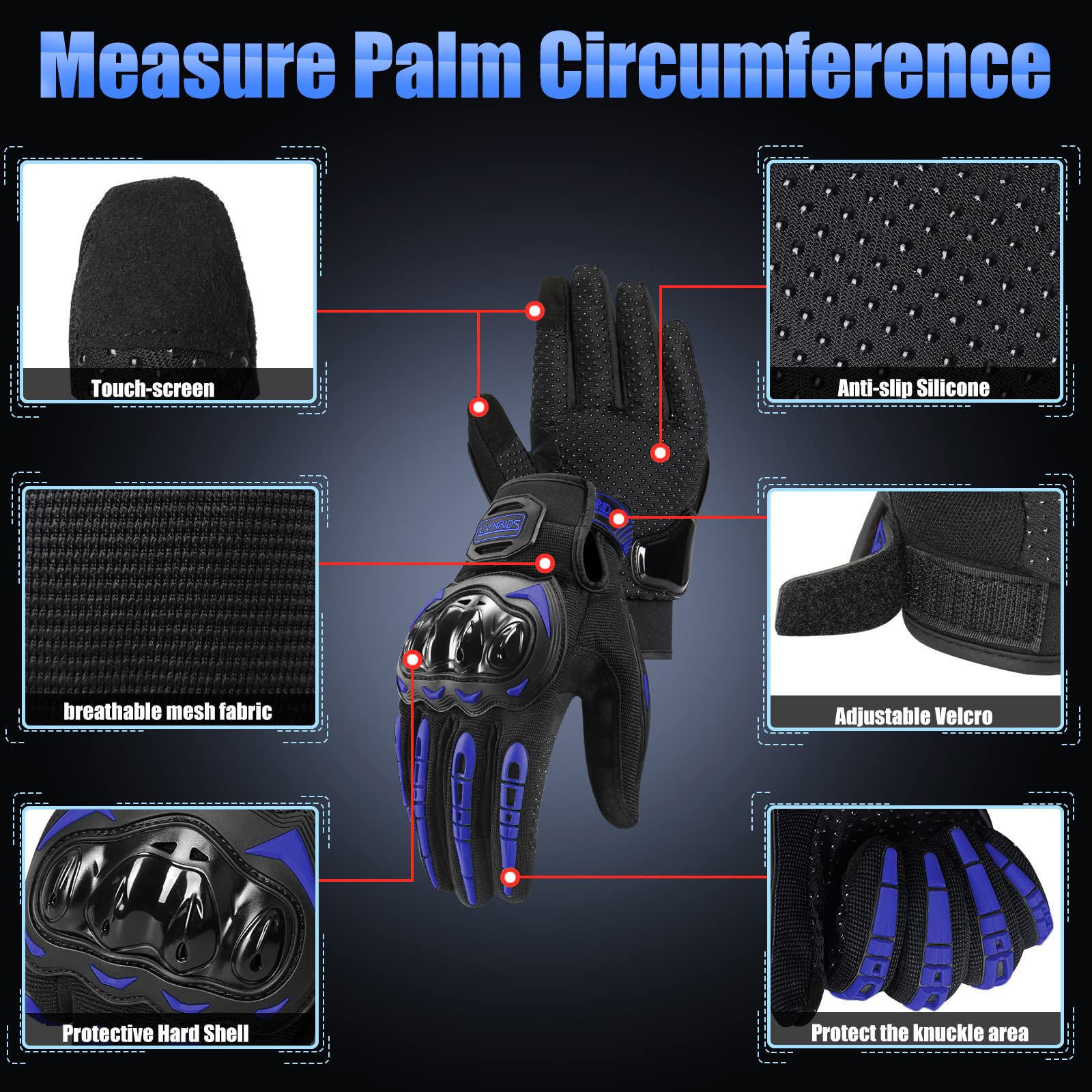 Lvnrids Motorcycle Gloves For Men Full Finger Touchscreen Racing Motorbike Gloves For Bmx Atv Mtb Riding Racing Cycling Blue M