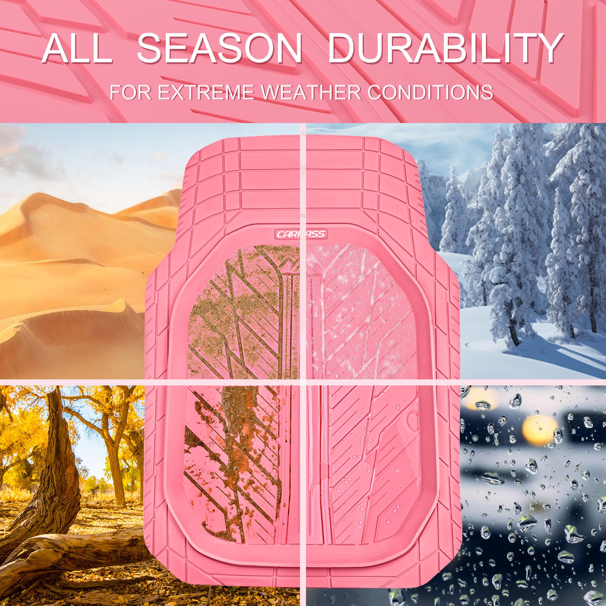 CAR PASS Heavy Duty Pink Rubber Floor Mats Set - Universal Fit, All-Weather, 3-Piece, JD618-PK1-3P for Cars, Trucks, SUVs