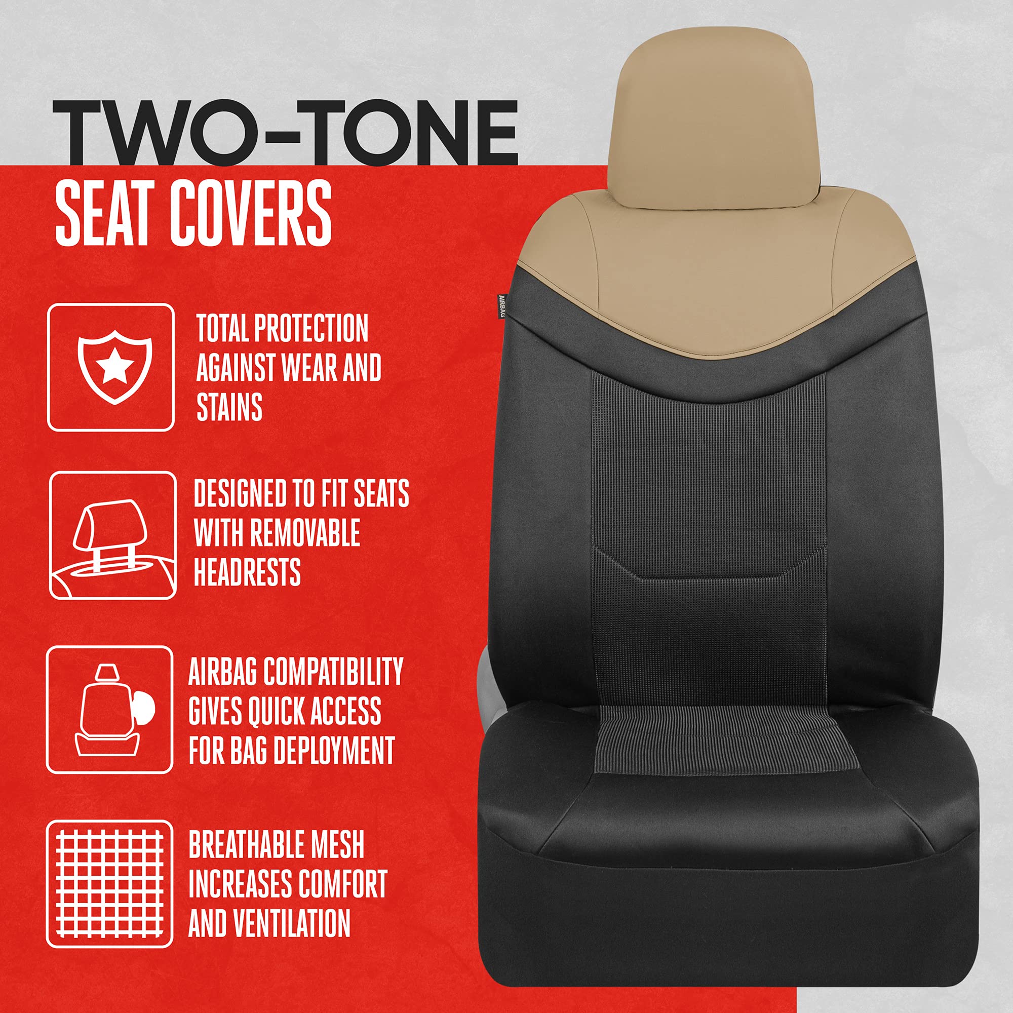 Motor Trend Premium LuxeSport Beige Car Seat Covers for Front Seats, 2 Pack - Automotive Seat Protectors with Comfortable Mesh B