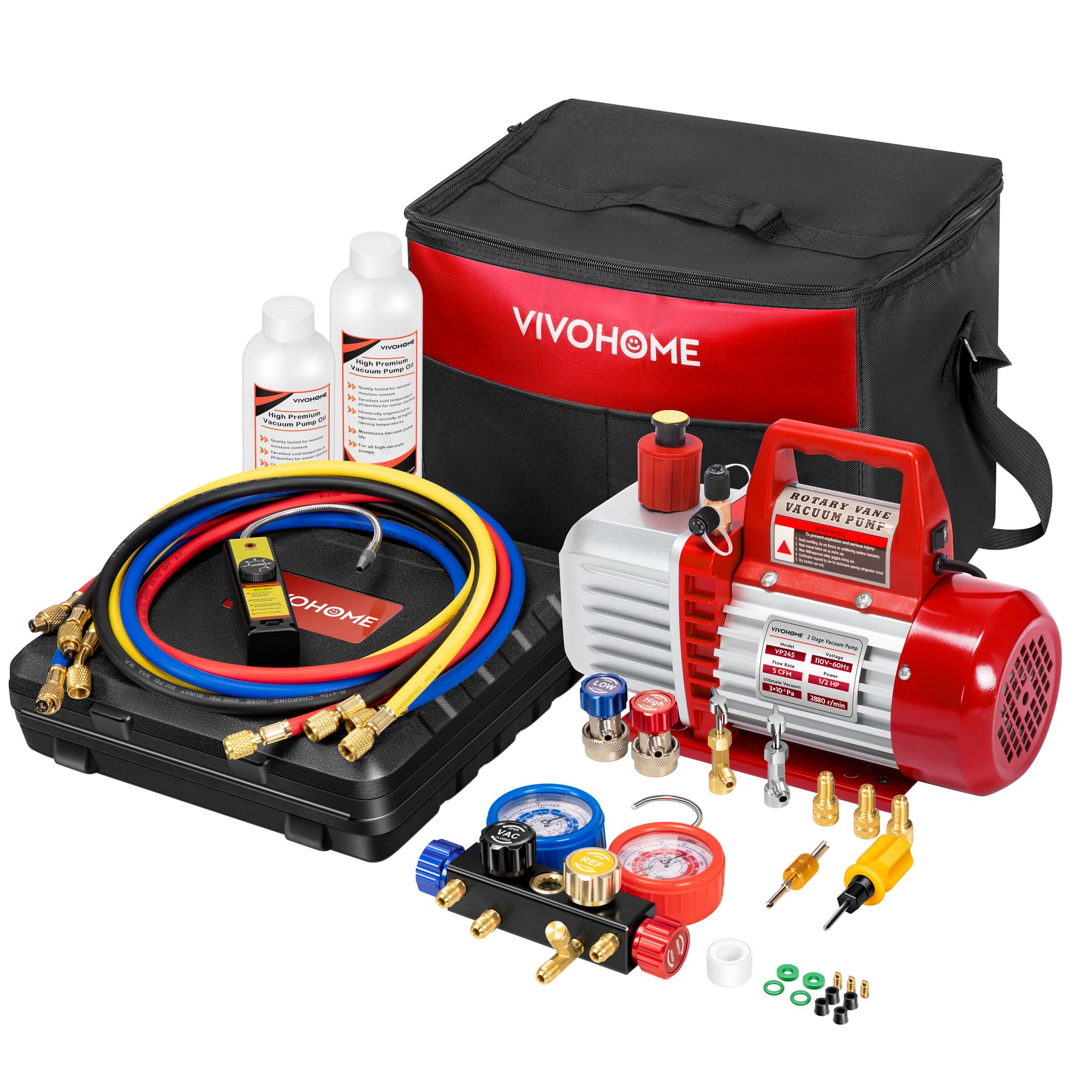VIVOHOME 110V 1/2 HP 5CFM 2 Stage HVAC Vacuum Pump and 4 Way AC Manifold Gauge Set Kit with Leak Detector 5ft Hoses for R134a R1