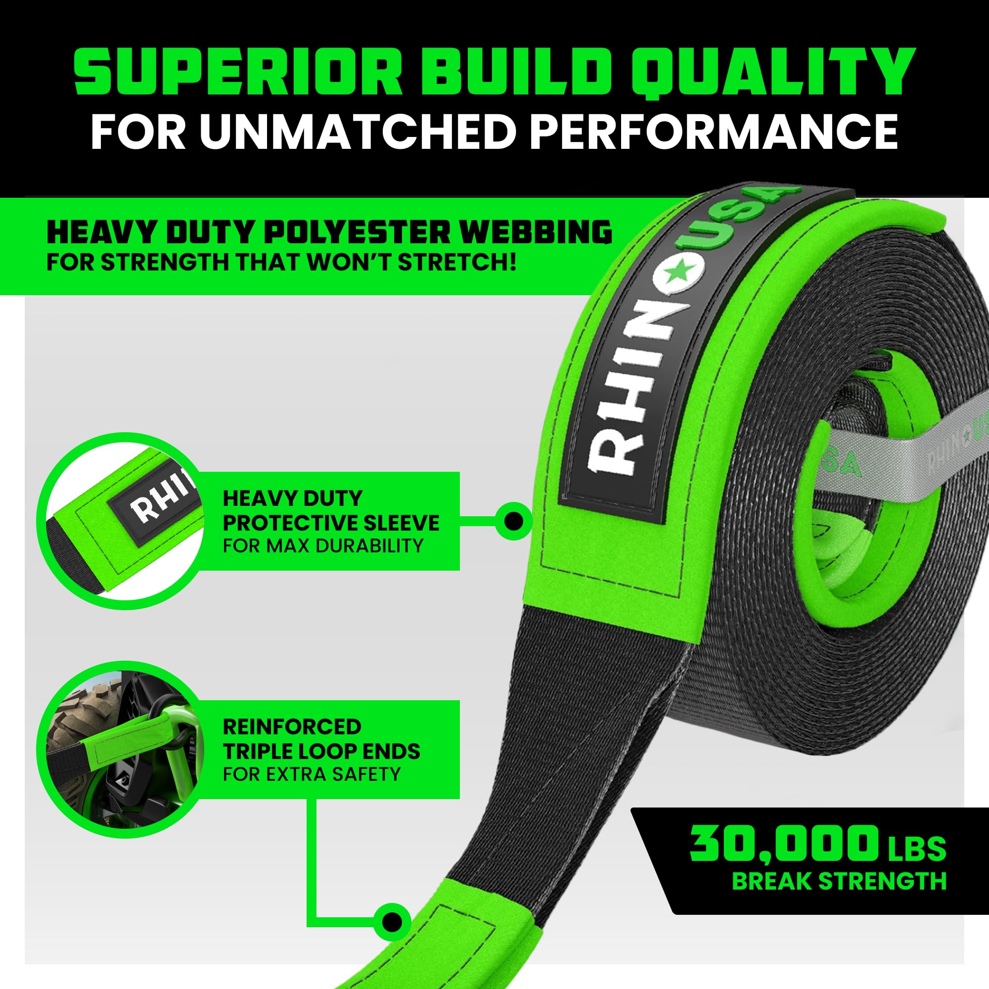 Rhino USA Recovery Tow Strap (3'' x 20') - 31,518lb Break Strength - Emergency Recovery Strap Tow Rope for Truck, UTV, ATV & Mor