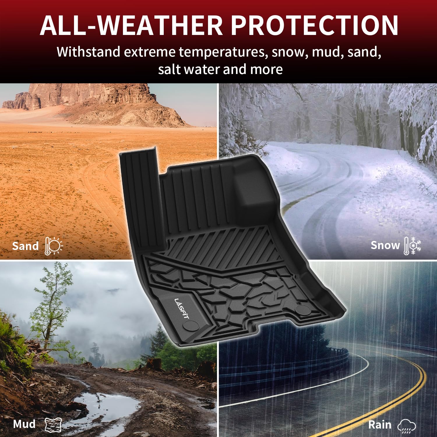 LASFIT Black All Weather Floor Mats for Ford Maverick 2022-2025 (Hybrid Models) - TPE Truck Liners for 1st & 2nd Row