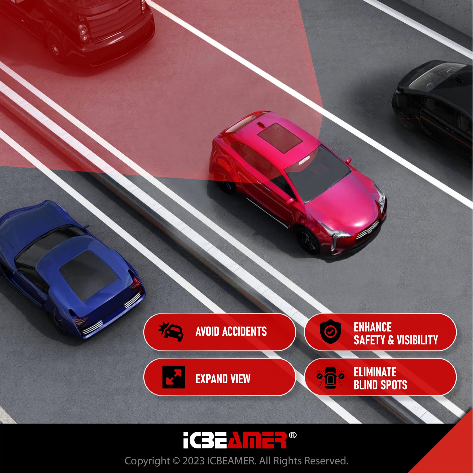 Icbeamer 10.6'' Car Rear View Mirror, Blue Tint Flat Surface, 270Mm Panoramic Accessories, Wide Angle Blindspot For Car, Rubber