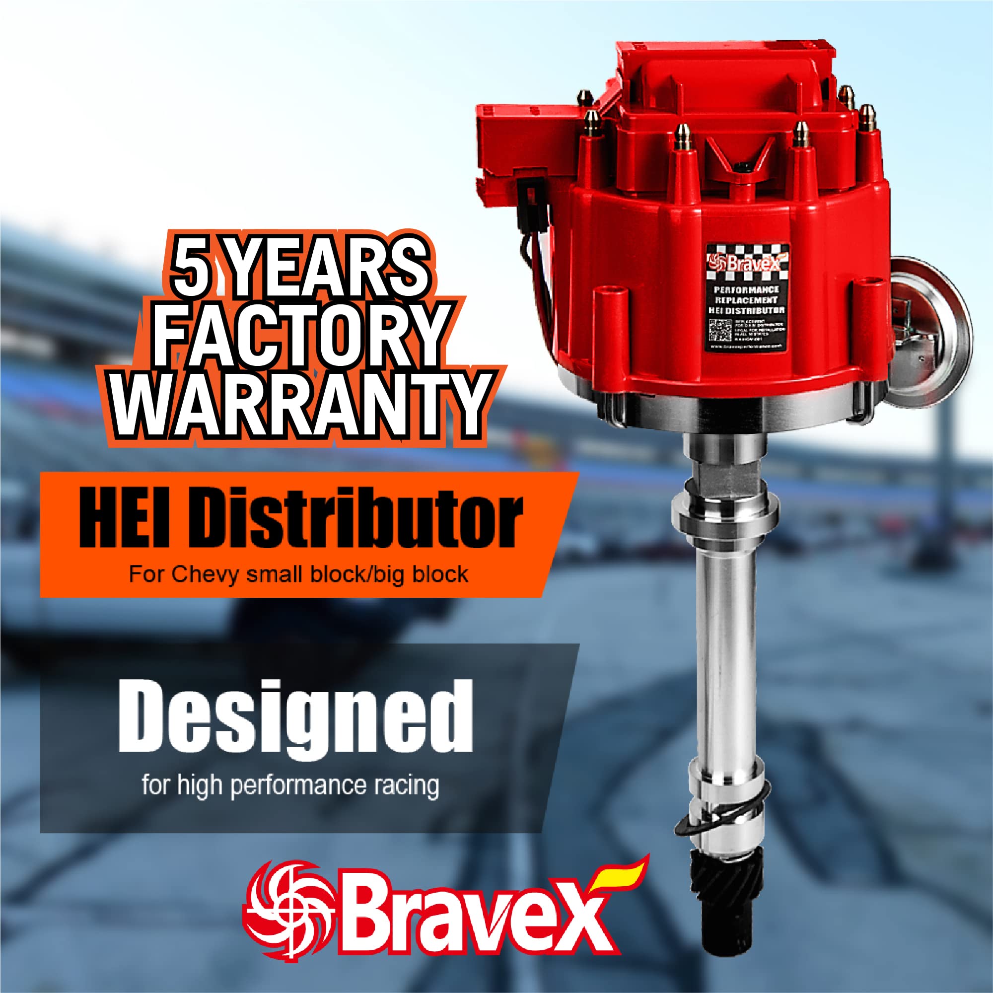 Bravex HEI Distributor for Chevy SBC/BBC 283-454, Model HMG001JAC, 65k Coil, 7500RPM Performance Red Cap
