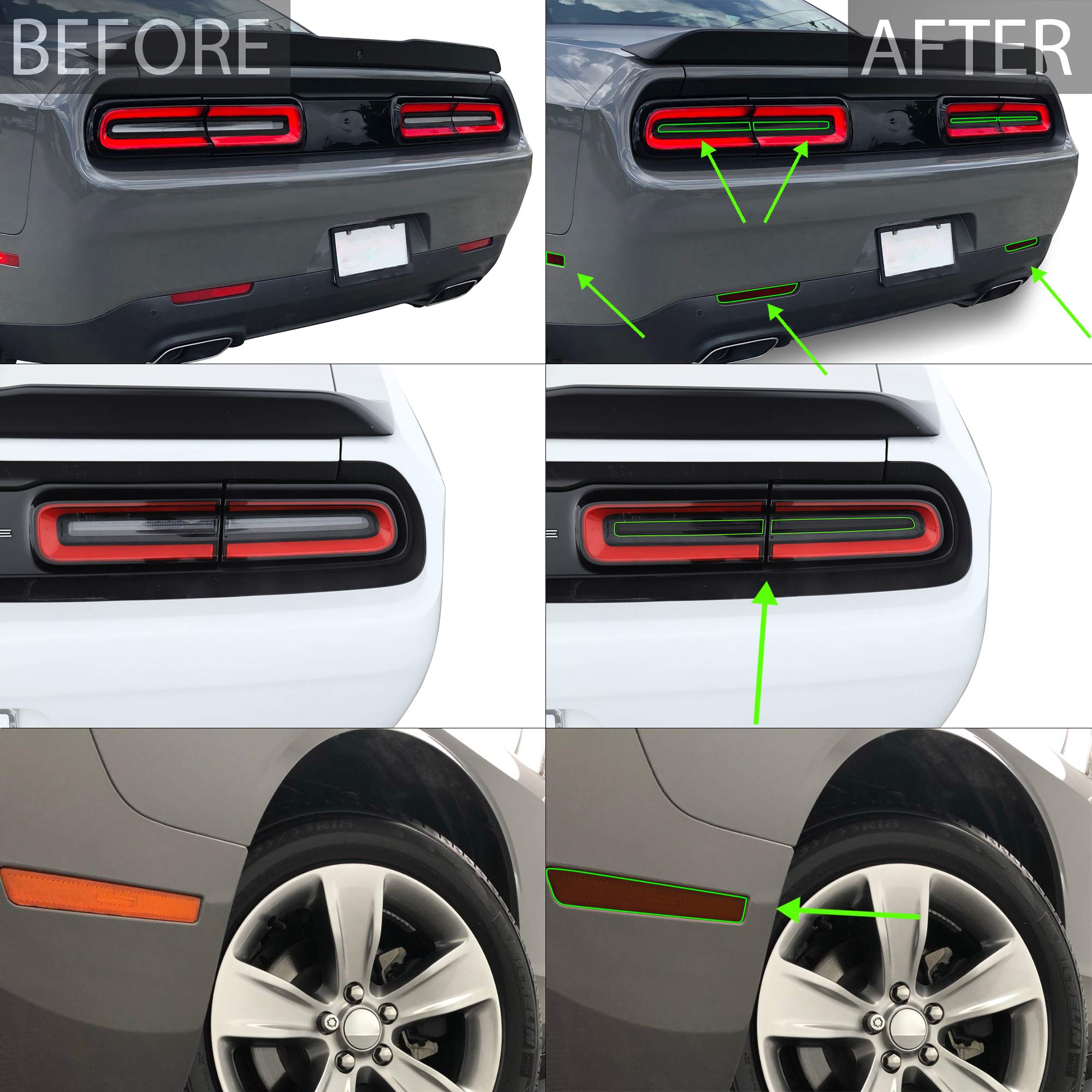 Bogar Tech Designs Tail Light Sidemarkers Rear Reflectors Tint Kit Compatible With And Fits Dodge Challenger 2015-2022, Dark Smo