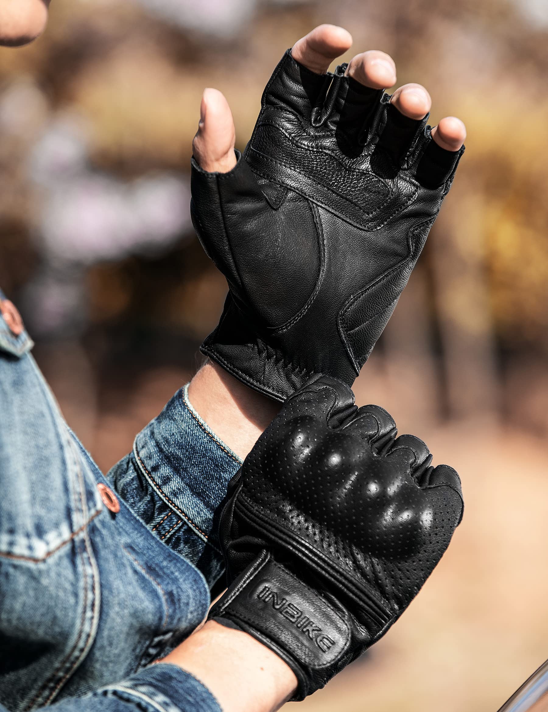 Inbike Fingerless Motorcycle Gloves Summer Breathable Goatskin Leather Wear Resistant Hard Knuckle Black X-Large