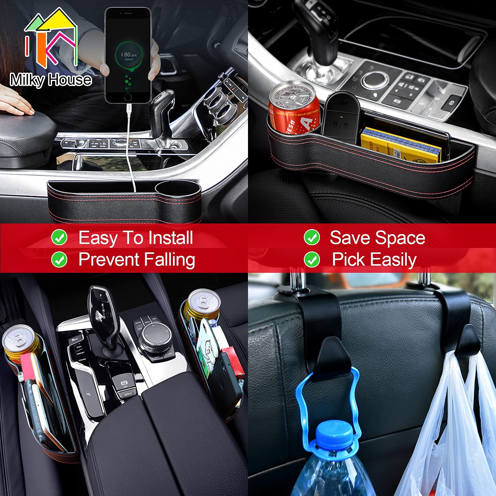 2 Set Car Seat Gap Organizer, Car Gap Filler Storage Boxes, PU Leather Front Seat Console Side Pocket Bags with Cup Holder 4 Hoo