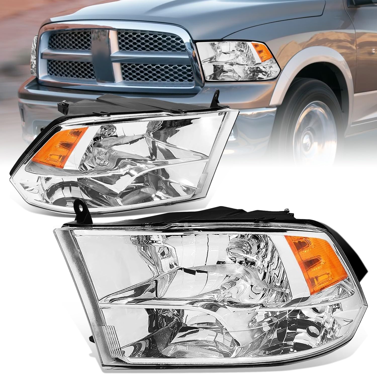 Auto Dynasty Quad Halogen Headlights Assembly Compatible With Dodge Ram 1500-5500 (New Body Style) 2009-2018, Driver And Passeng