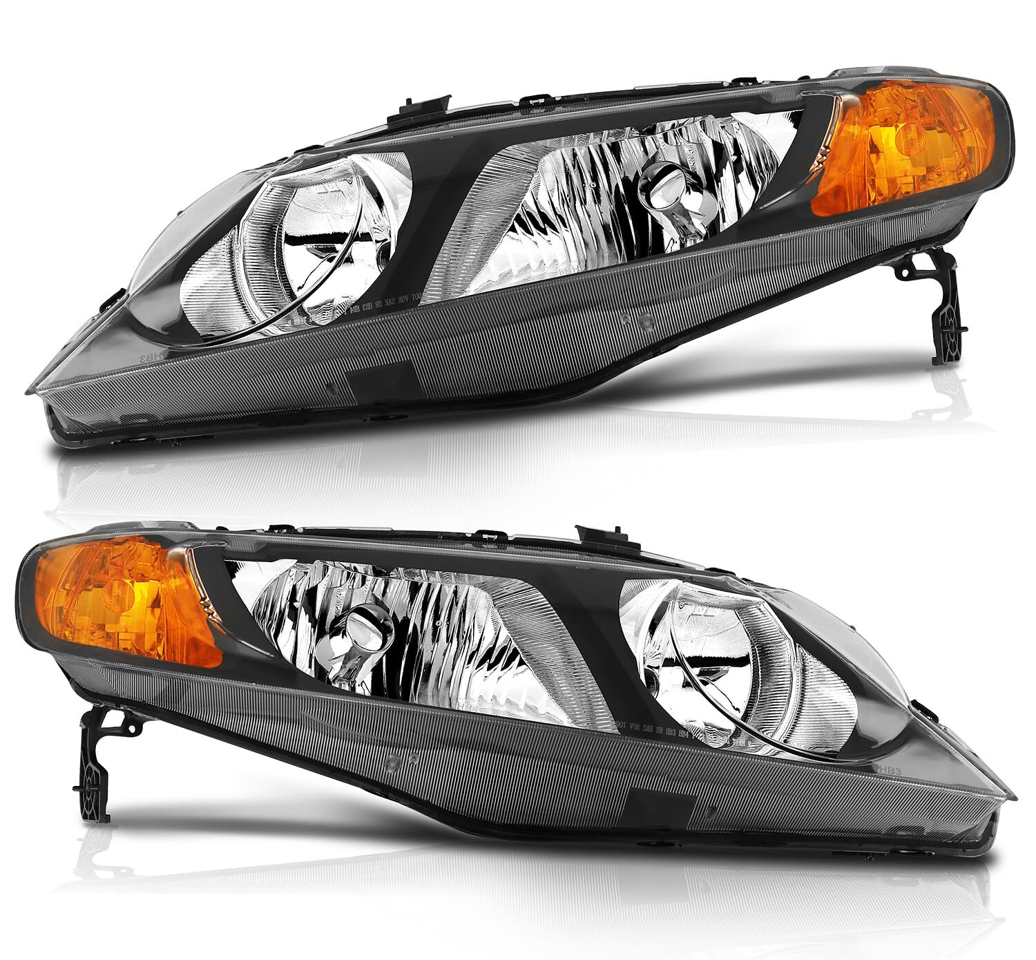 OCPTY Headlight Assembly Pair Replacement For 2006-2011 for Honda Civic Black Housing Amber Reflector Clear Lens Bulbs Not Inclu