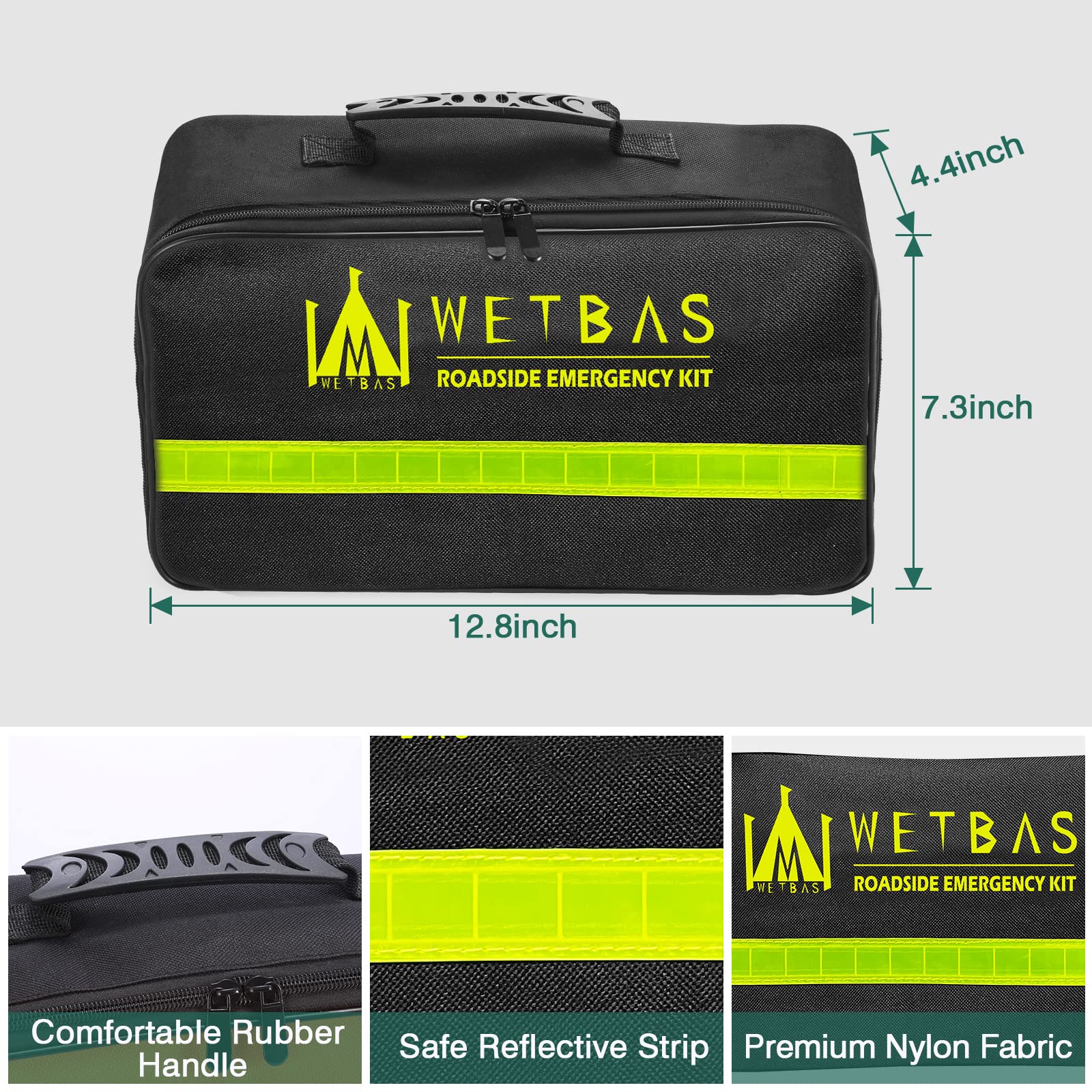 WETBAS Car Roadside Emergency Kit - Jumper Cables, Tool Kit, Safety Hammer, Reflective Triangle, Tow Rope - Black