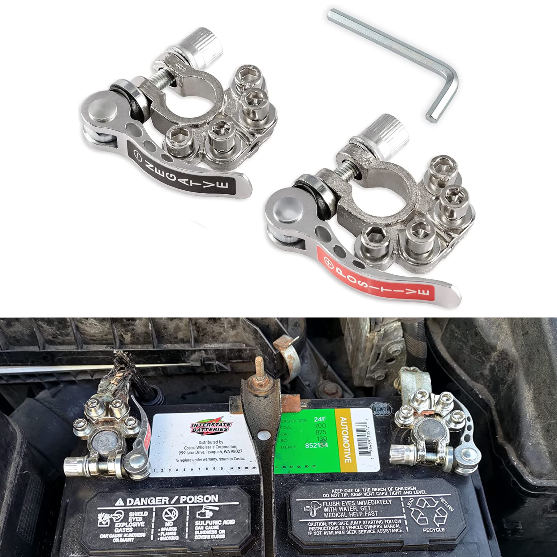 Singaro Car Battery Terminal Connector, 4 Way Positive And Negative Pole Quick Release Terminal Clip, Applicable To Sae/Jis A Type Terminal Post, Compatible With Cars, Trucks And More(Sliver-B)