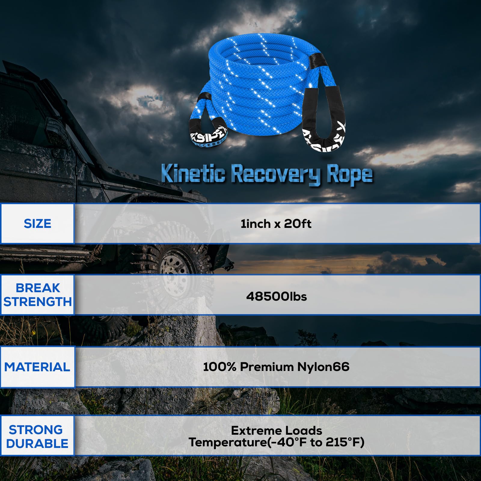 AXSIPEIX Kinetic Recovery Rope - 1" x 20ft, 48,500lbs, Heavy Duty Nylon, Blue, Model AX-TCS-SH-GREEN-20-01