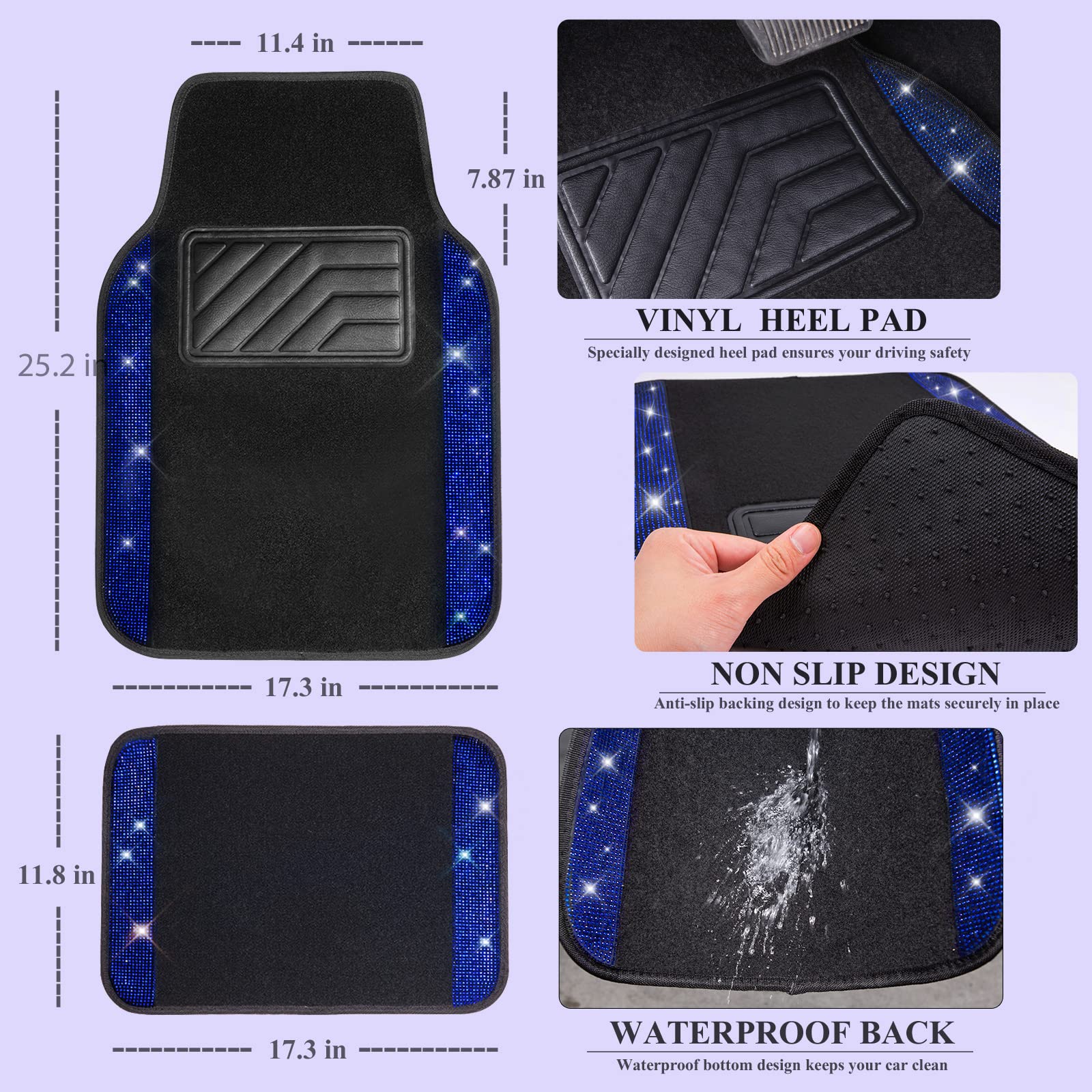 Car Pass Bling Rhinestones Diamond Car Floor Mat,Sparkly Glitter Shining Crystal Carpet Anti-Slip Pvc Heel Pad Waterproof Univer