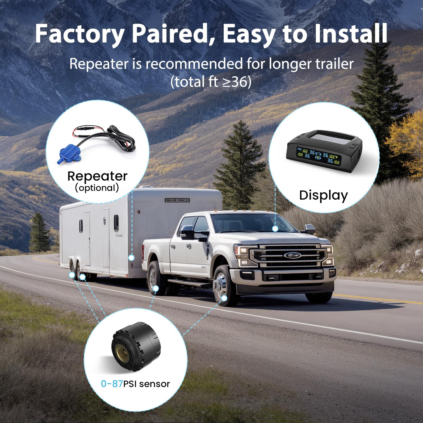 Tymate RV Tire Pressure Monitoring System TM2, Solar Charge, 4 Sensors, 0-87 PSI, Color LCD Display, 5 Alarm Modes