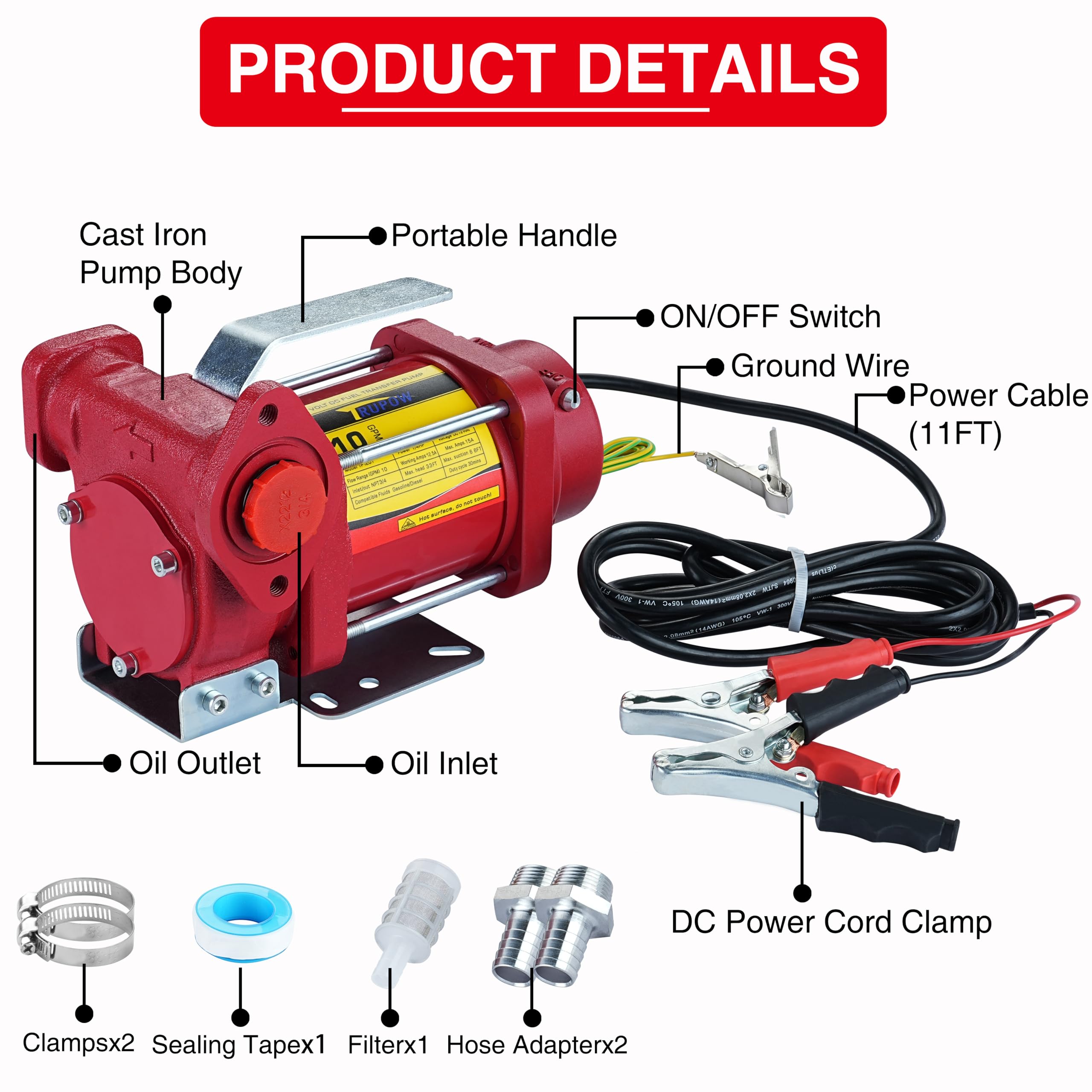 TRUPOW 12V DC 10GPM Gasoline Fuel Transfer Pump, Cast Iron, Heavy-duty, Explosion-proof, Model TP0120, Red