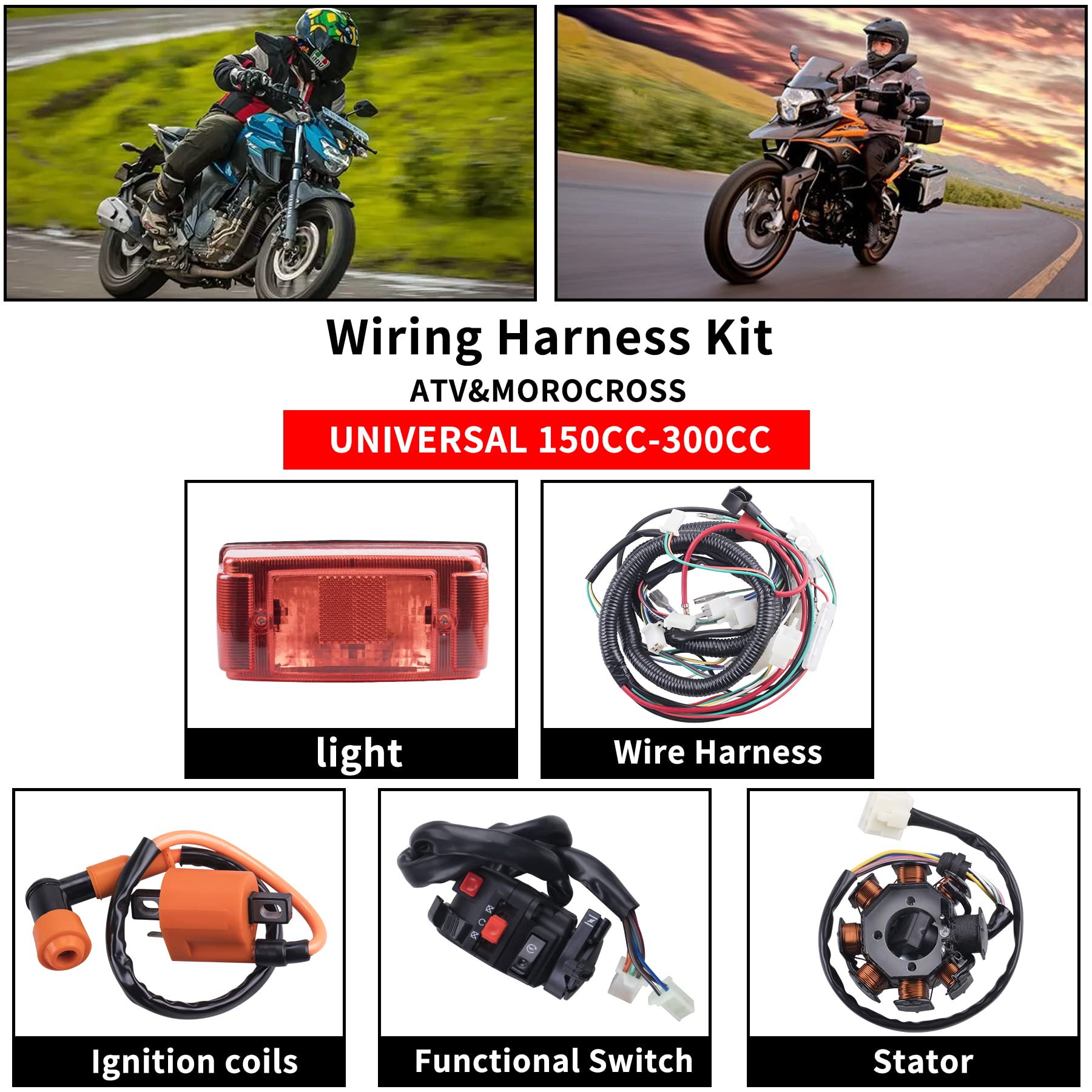 OTOHANS AUTOMOTIVE Complete Electrics Wiring Harness for 4 Wheelers, Copper Stator Coil CDI, Relay, Spark Plug, Black, Fits 150cc-300cc