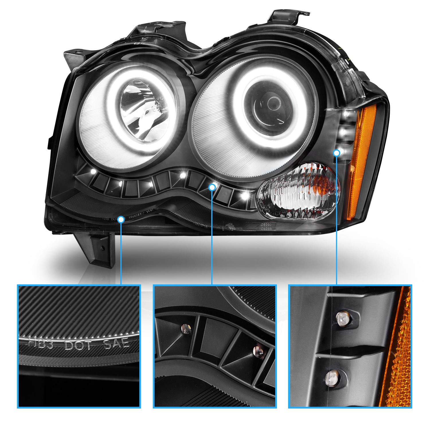 Amerilite Black Projector Replacement Headlights Xtreme Led Halo Bar Set For 2008-2010 Jeep Grand Cherokee - Passenger And Driver Side