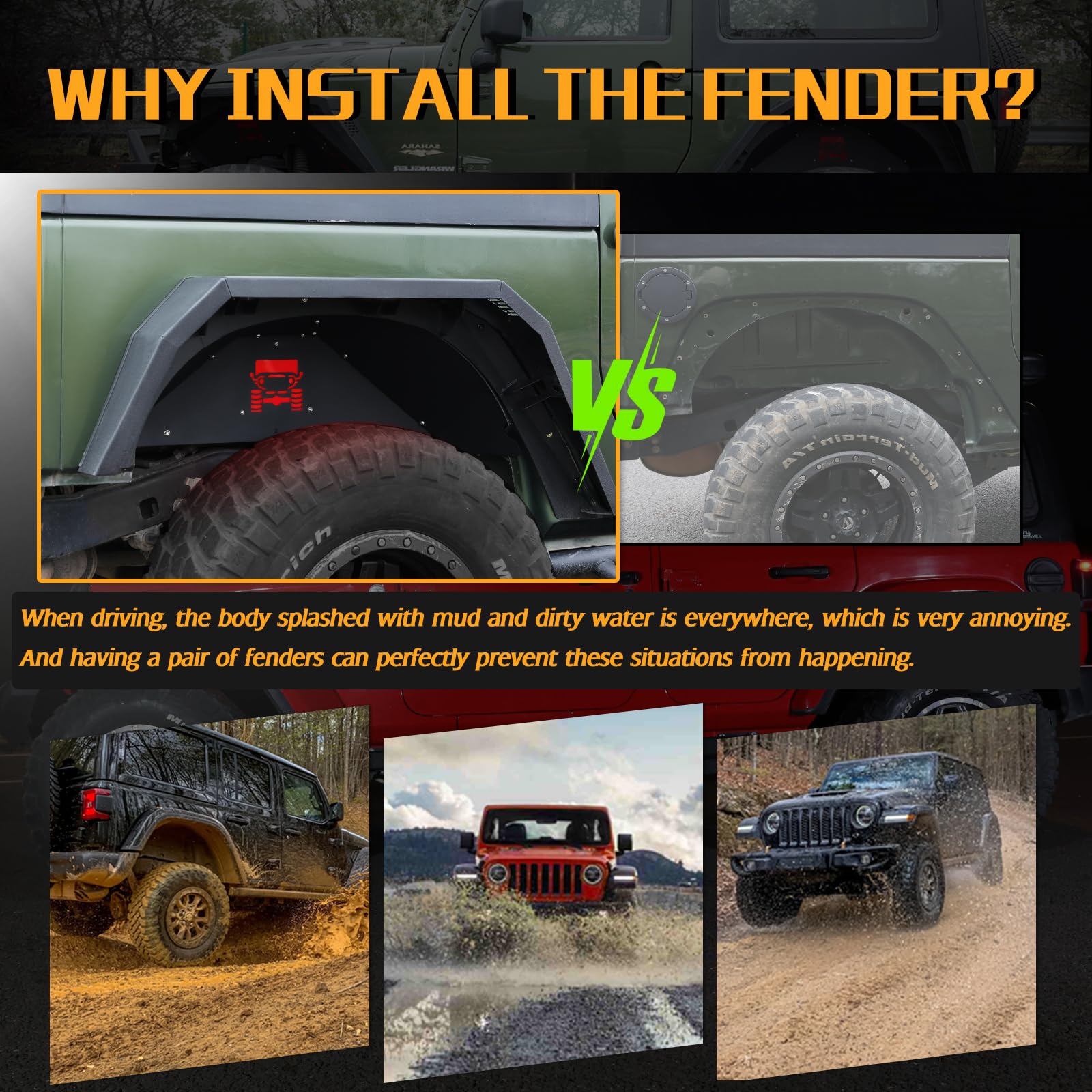 JROAD Aluminum Rear Inner Fender Liners for Jeep Wrangler JK JKU with LED Lights, Black/Red, 2007-2018, Model LB