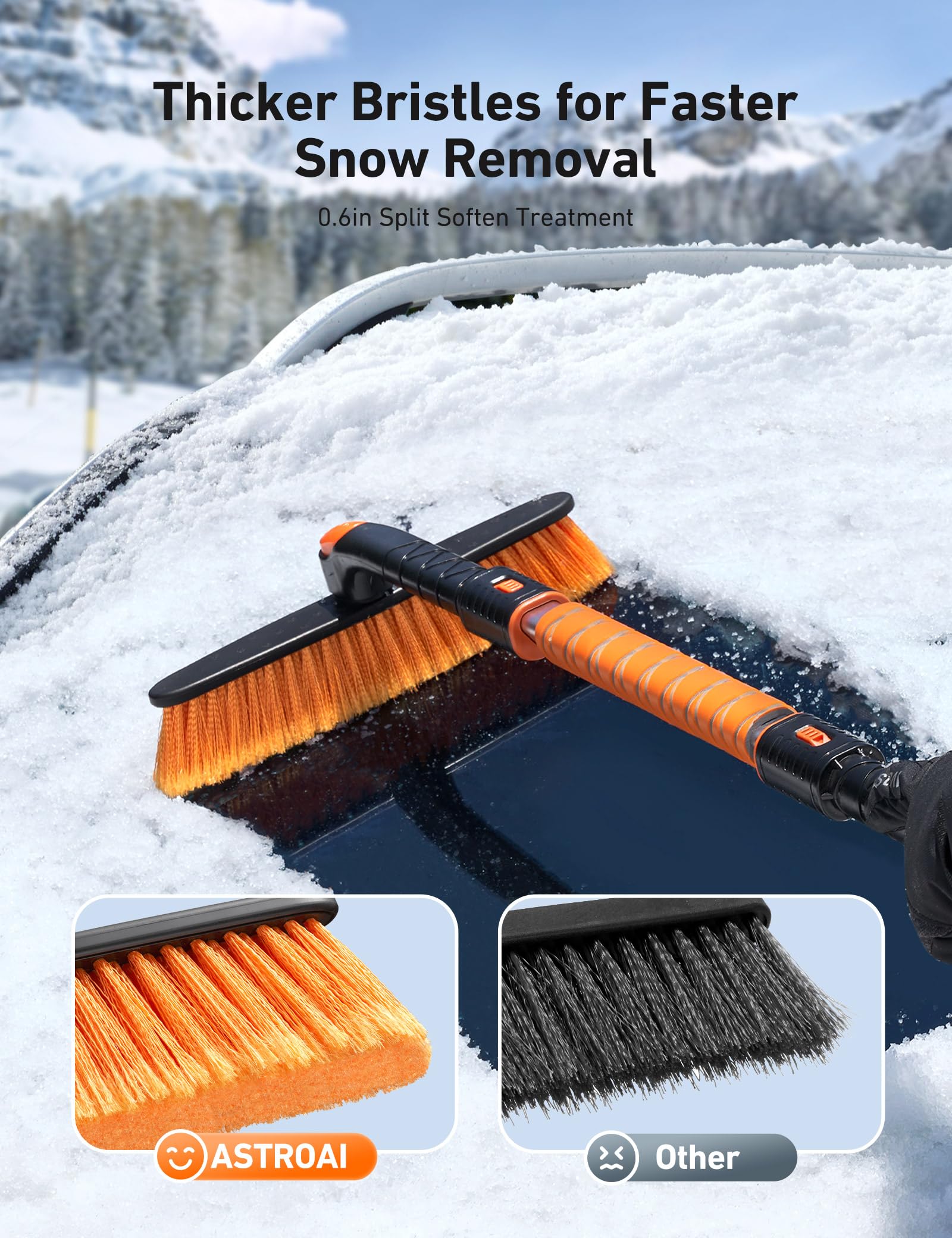 AstroAI Ice Scraper for Car Windshield, 39.37" Snow Brush with Foam Grip, Orange, Small, 360° Pivoting Brush Head