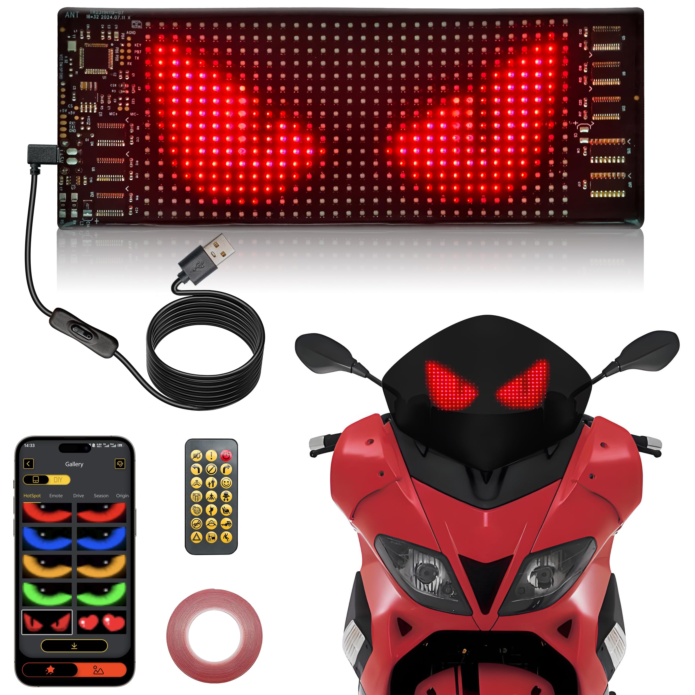 Programmable LED Car Sign,1PCS 6.81in*2.75in LED Eyes for Motorcycle Windshield,Custom Text & Animation Light Signs for Store Ca