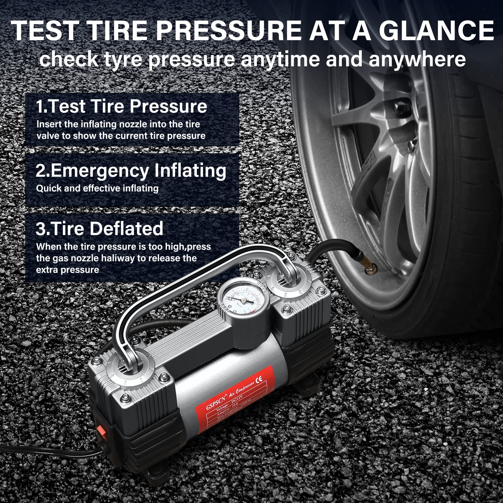 GSPSCN Tire Inflator Portable 12V Air Compressor 150PSI, Heavy Duty Double Cylinders, 8.7x7x3.1 inch, Titanium, Model 202-t