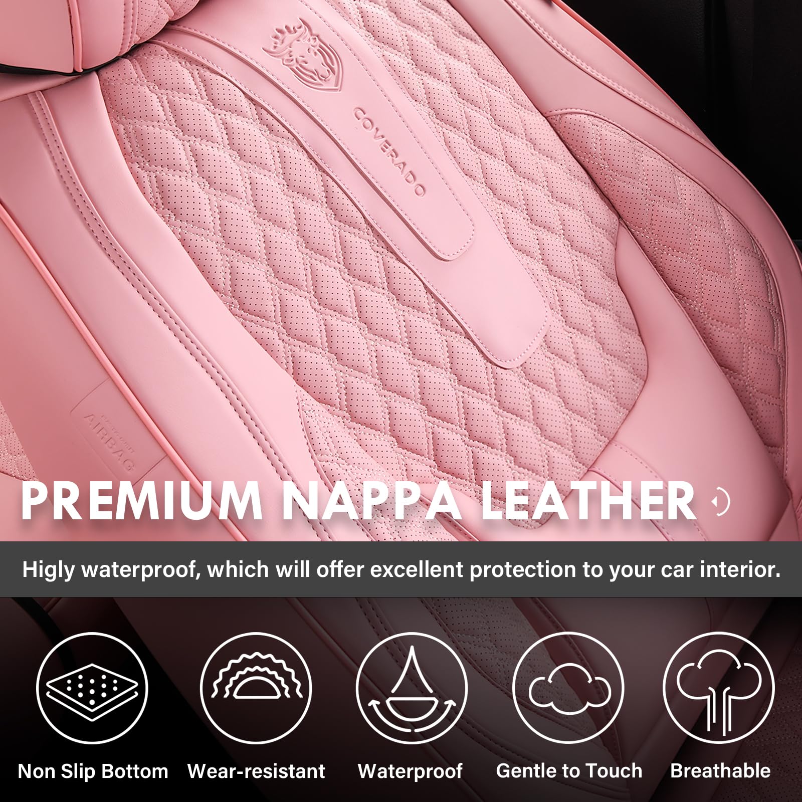 Coverado Pink Leather Seat Covers Full Set, Waterproof with Lumbar Support, Model B8859