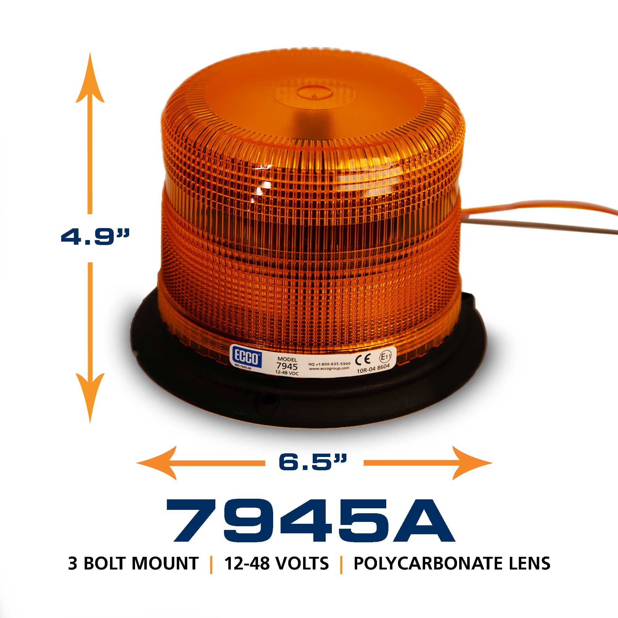ECCO 7945A LED Beacon, Pulse II, Low Profile, 12-48VDC, 11 Flash Patterns, Amber