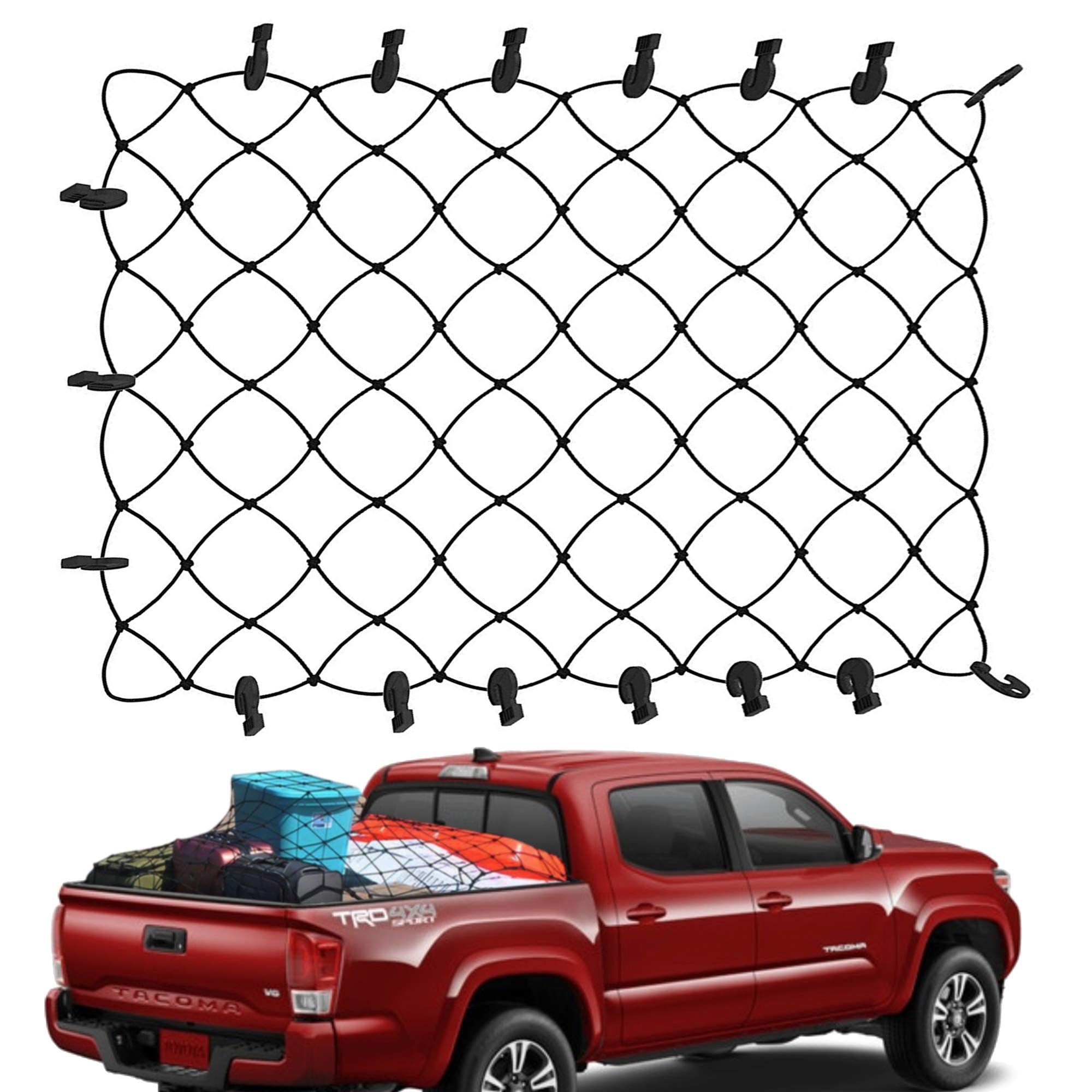 TacoNets Toyota Tacoma Short Bed Cargo Net - Patent Pending Design - Fits 2005-2024 - Heavy Duty 8mm Premium Bungee 3'x4' Cargo 
