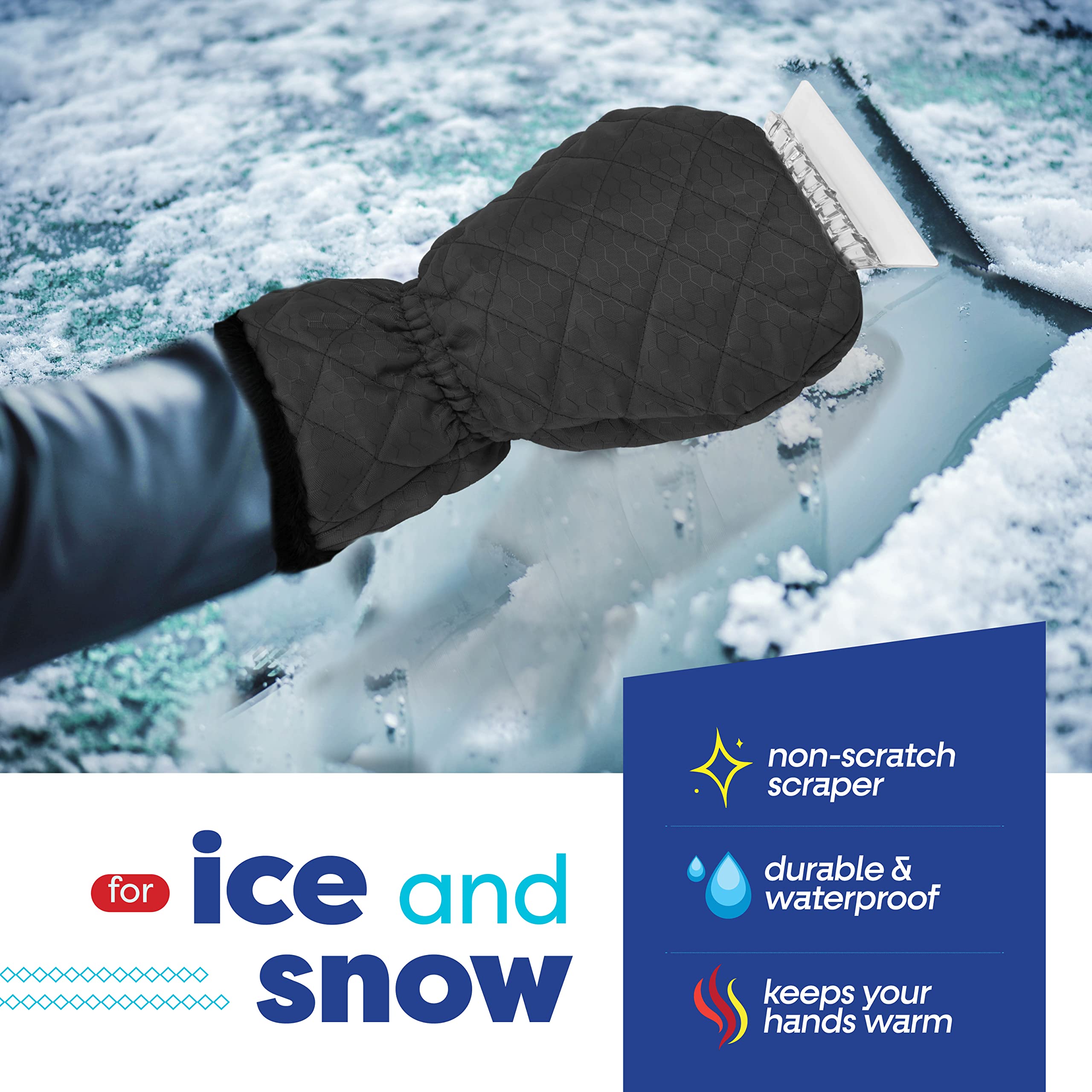 SCRUBIT Ice Scraper with Glove - Waterproof & Windproof Car Snow Scraper - Black Fleece Mitt for Quick Snow Removal