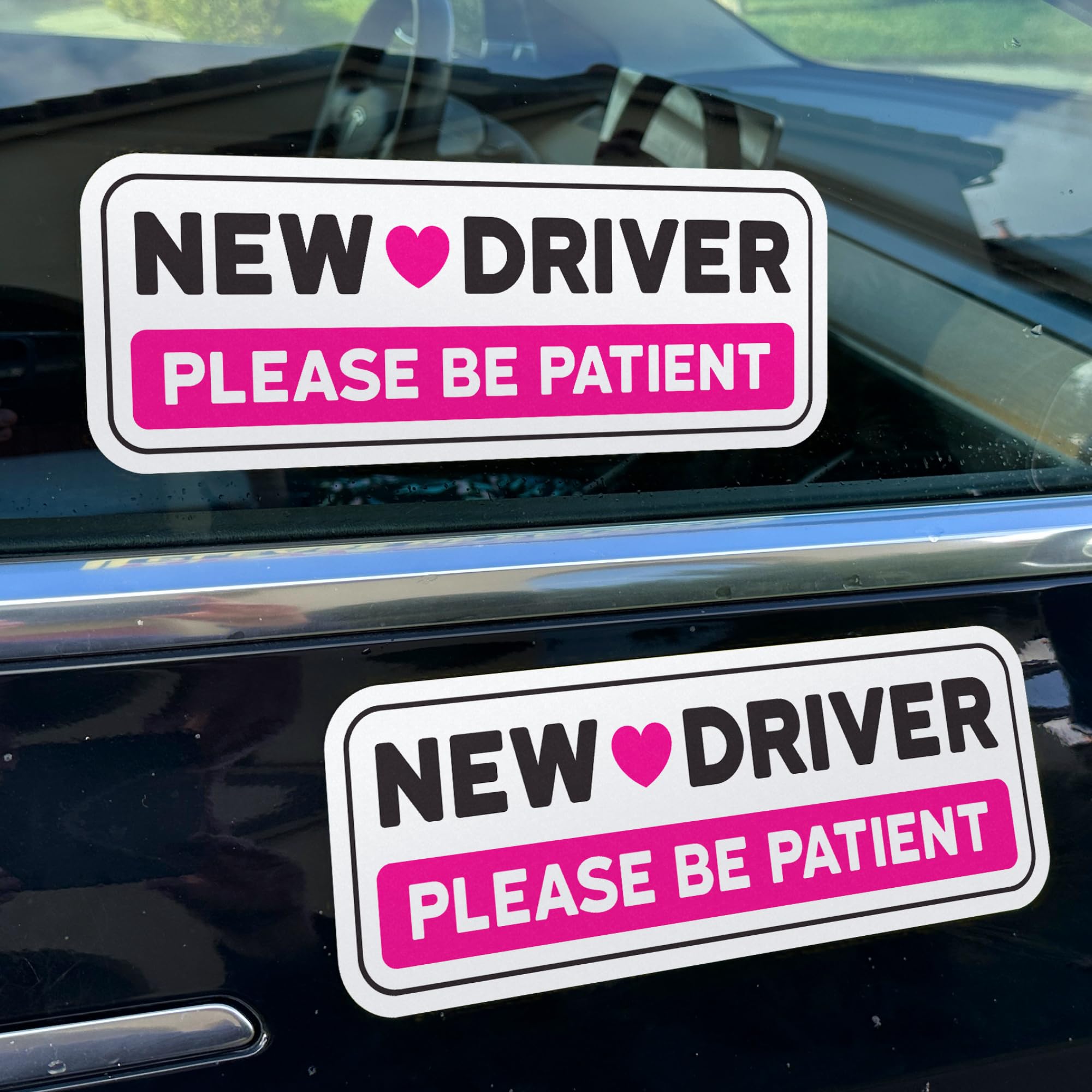 Stickios Non-Magnetic Pink New Driver Stickers - Removable Vinyl Decals for Cars & Windows - Made in USA (10.75x4 inches, 2-Pack