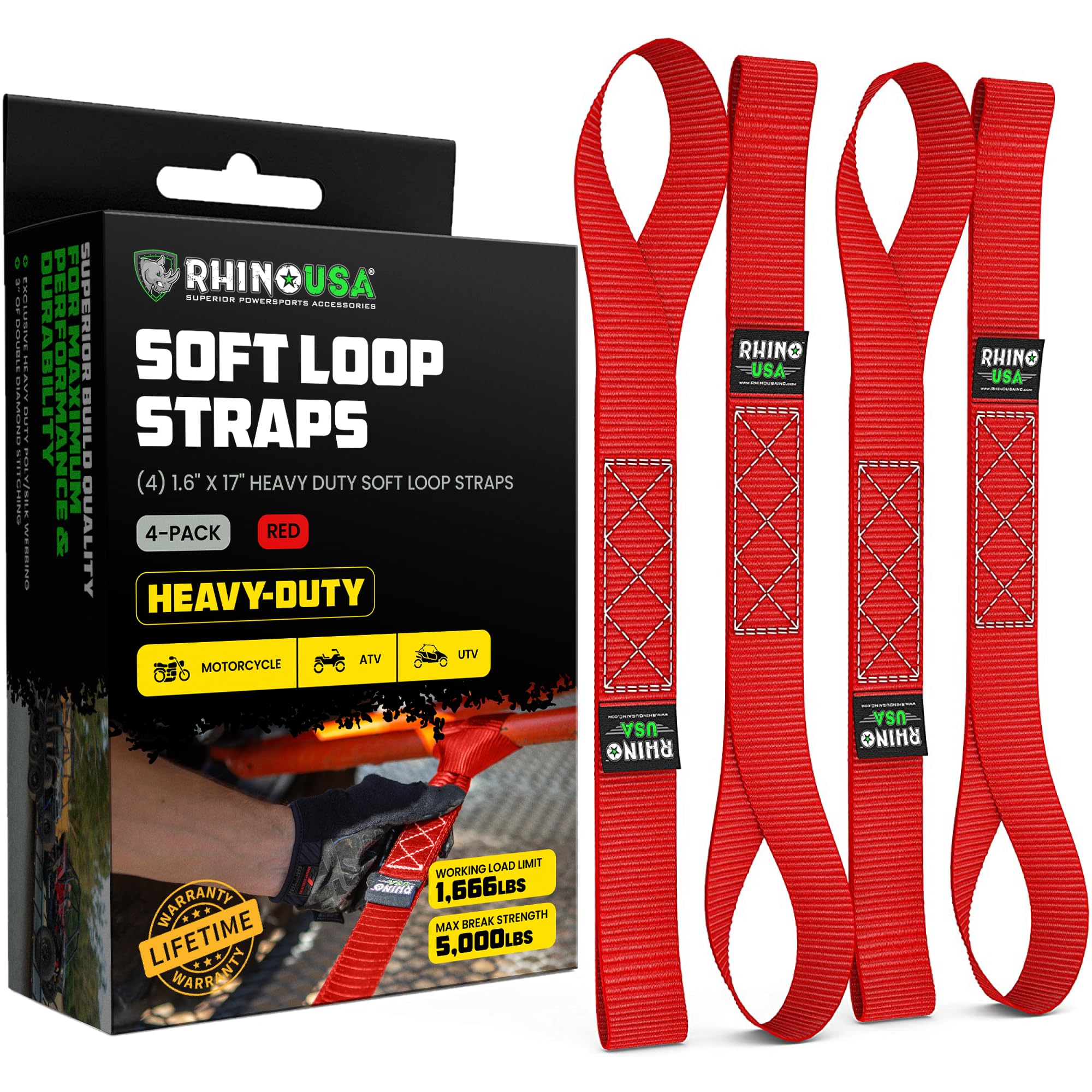 Rhino USA Soft Loop Tie Down Straps (4-Pack) - 1.6 Inch x 17 Inch (5,000 lbs Break Strength) Heavy Duty Motorcycle Handlebar Str