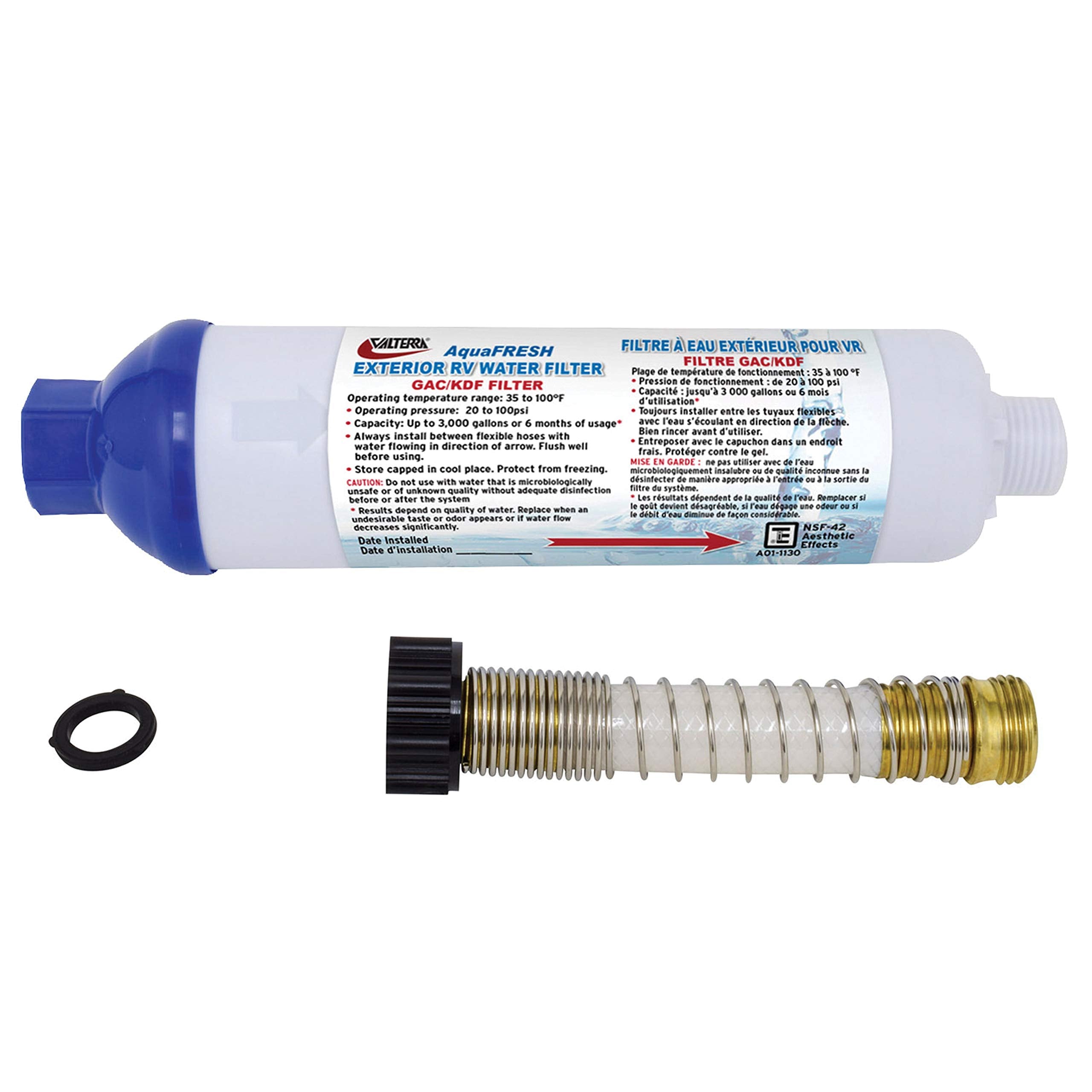 Valterra A011131VP AquaFRESH Exterior RV Water Filter Kit with Hose Connections and Hose Saver