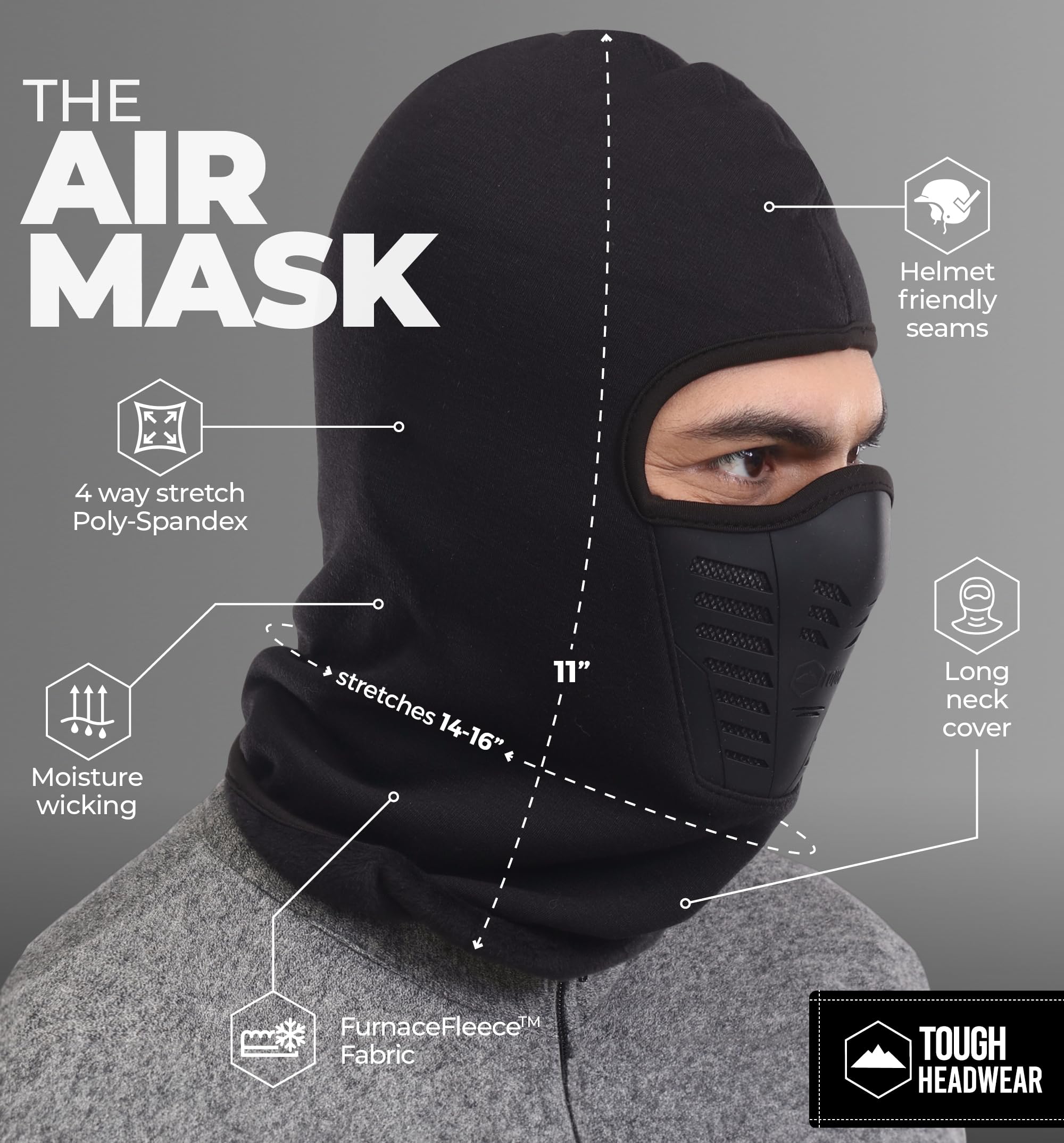 Tough Headwear Balaclava Ski Mask - Thermal, Breathable, One Size, Black, Polar Fleece for Cold Weather