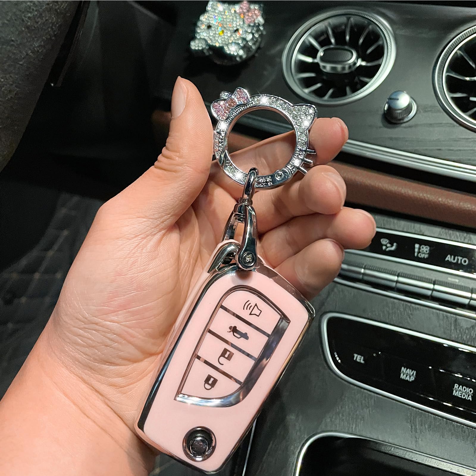 Pangpai Pink Car Accessories 3 Pcs For Toyota Fortuner Tundra Camry Rav4 Highlander Corolla Key Fob Cover With Bling Keychain Cu
