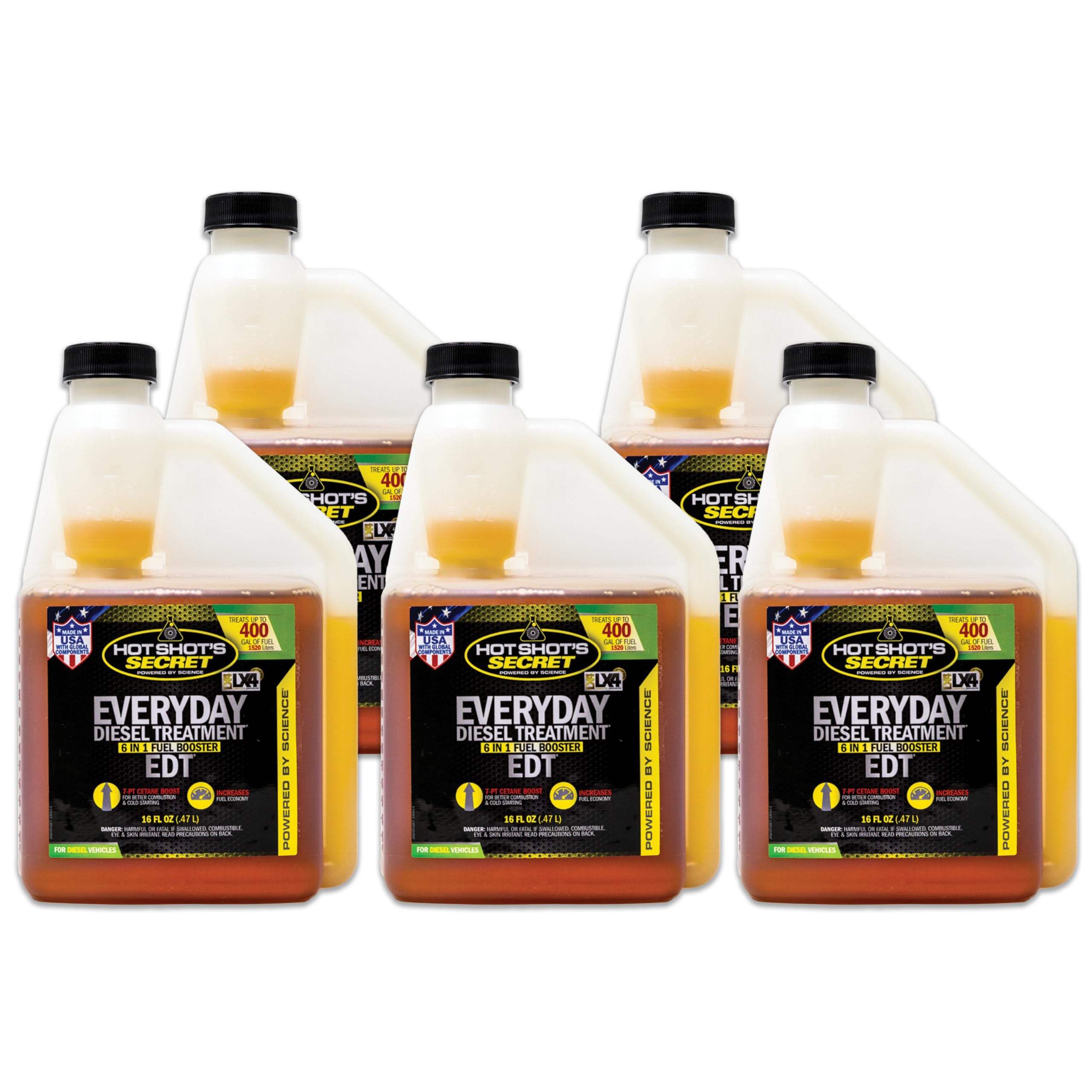 Hot Shots Secret Everyday Diesel Treatment 16 oz. (5 Pack) Squeeze Bottle, 6-in-1 Diesel Additive - Injector Cleaner, Fuel Syst