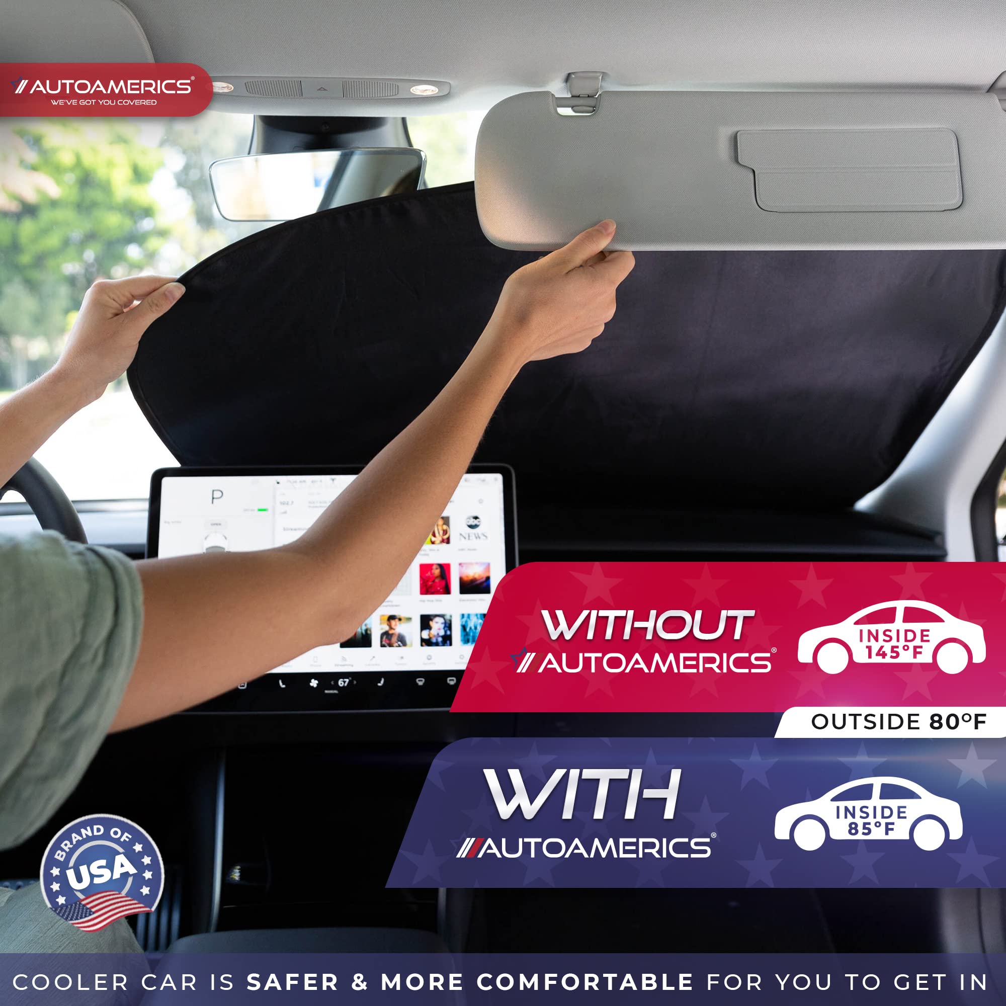 Autoamerics Windshield Sun Shade 2-Piece Foldable Car Front Window Sunshade for Full Size SUV Truck Tesla - Auto Sun Blocker Vis