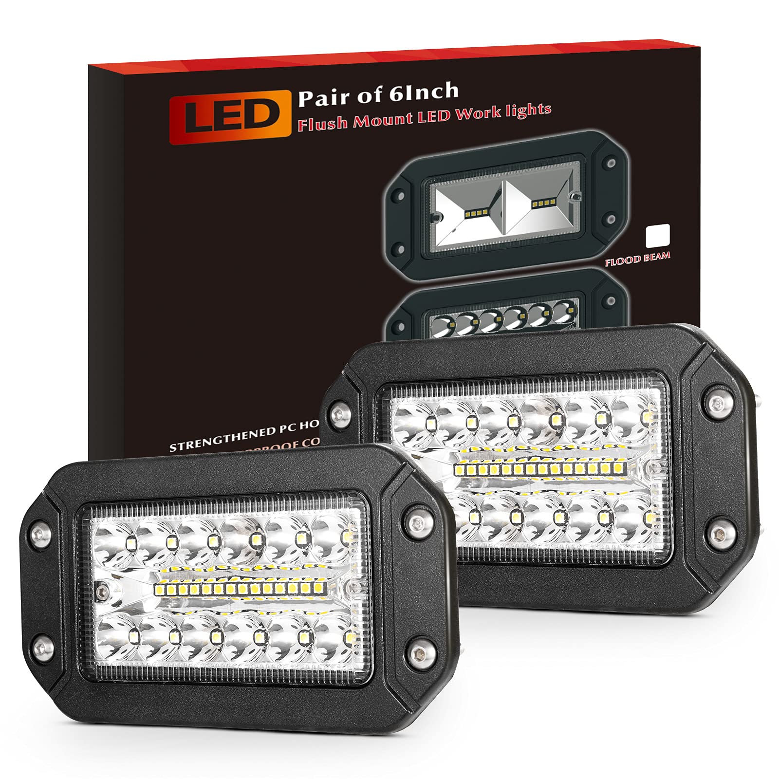 Flush Mount Led Light Pods, Bunker Indust 2Pcs 6 Inch Spot Flood Combo Beam 6000 Lm Triple Row Driving Off Road Light Bar Waterp
