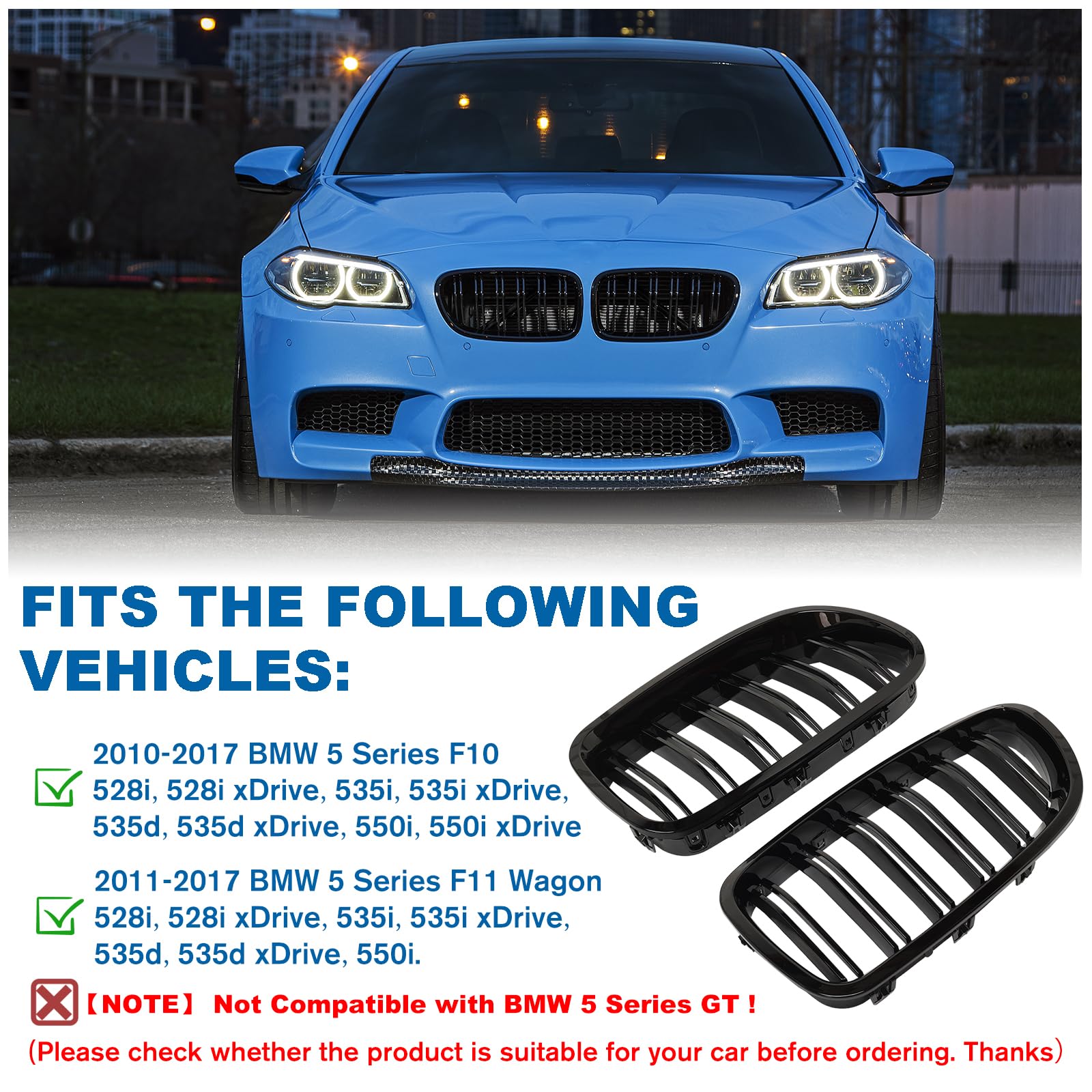 Billdio F10 Grille - Front Kidney Grille Double Slats Glossy Black Compatible With 2010-2017 Bmw 5 Series F10 F11 F18 Sedan 520I