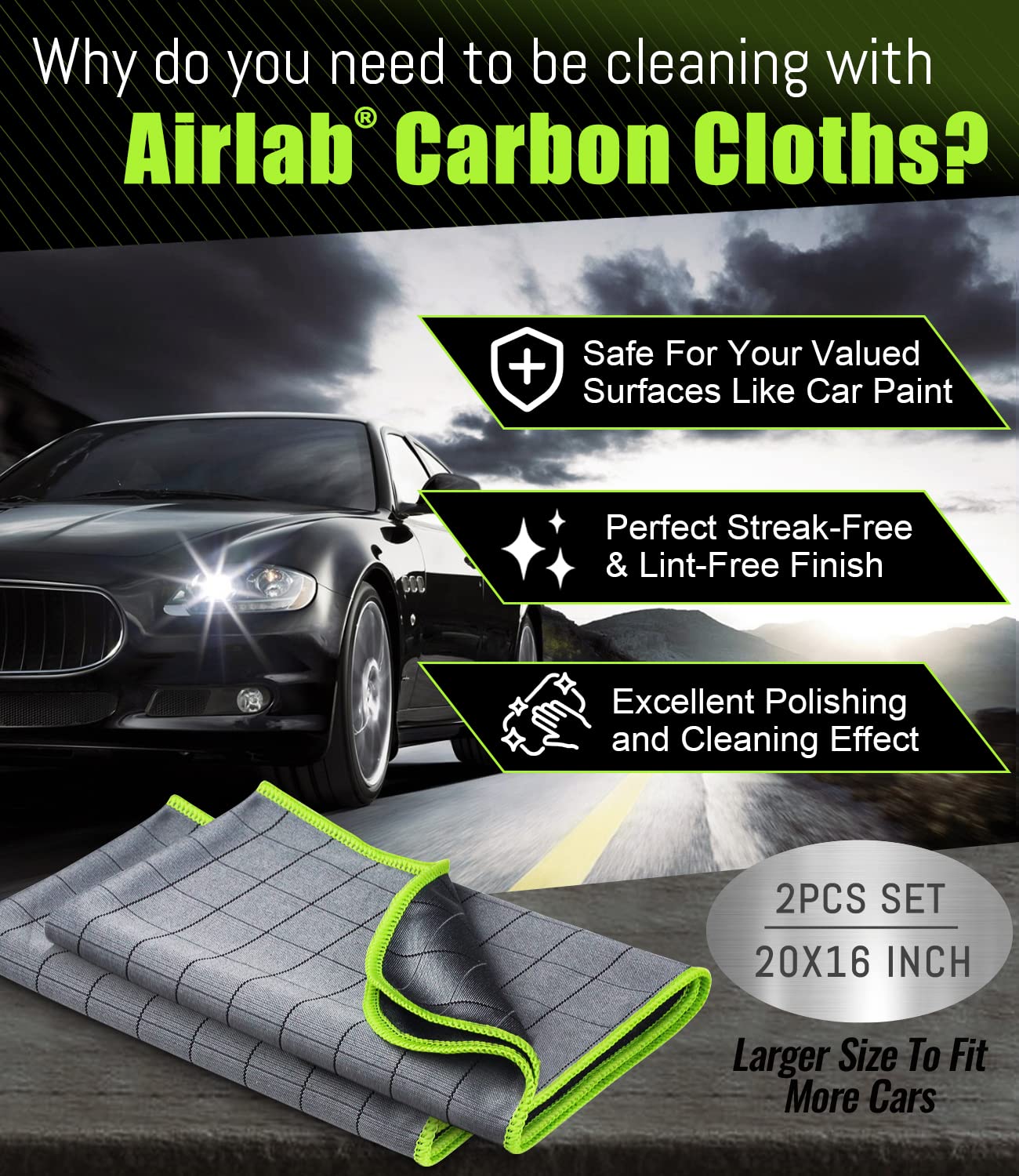 Airlab Carbon Microfiber Towels for Car Glass Cleaning, 20"x16", Lint-Free, Streak-Free, 400GSM, Pack of 2