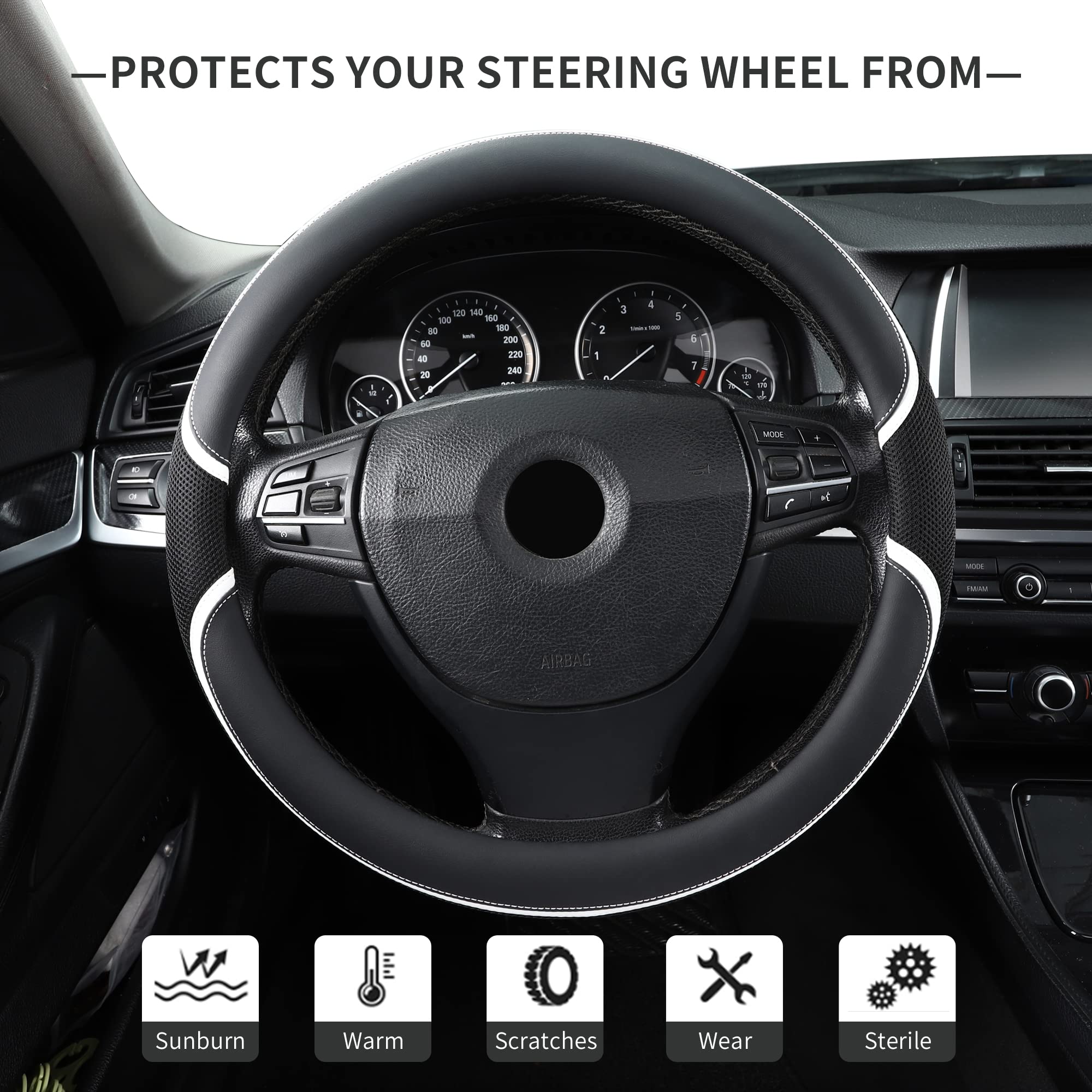 Microfiber Leather 16'' Universal Fit Car Steering Wheel Cover, Elastic Nonslip Breathable And Odorless, Black & White Grip