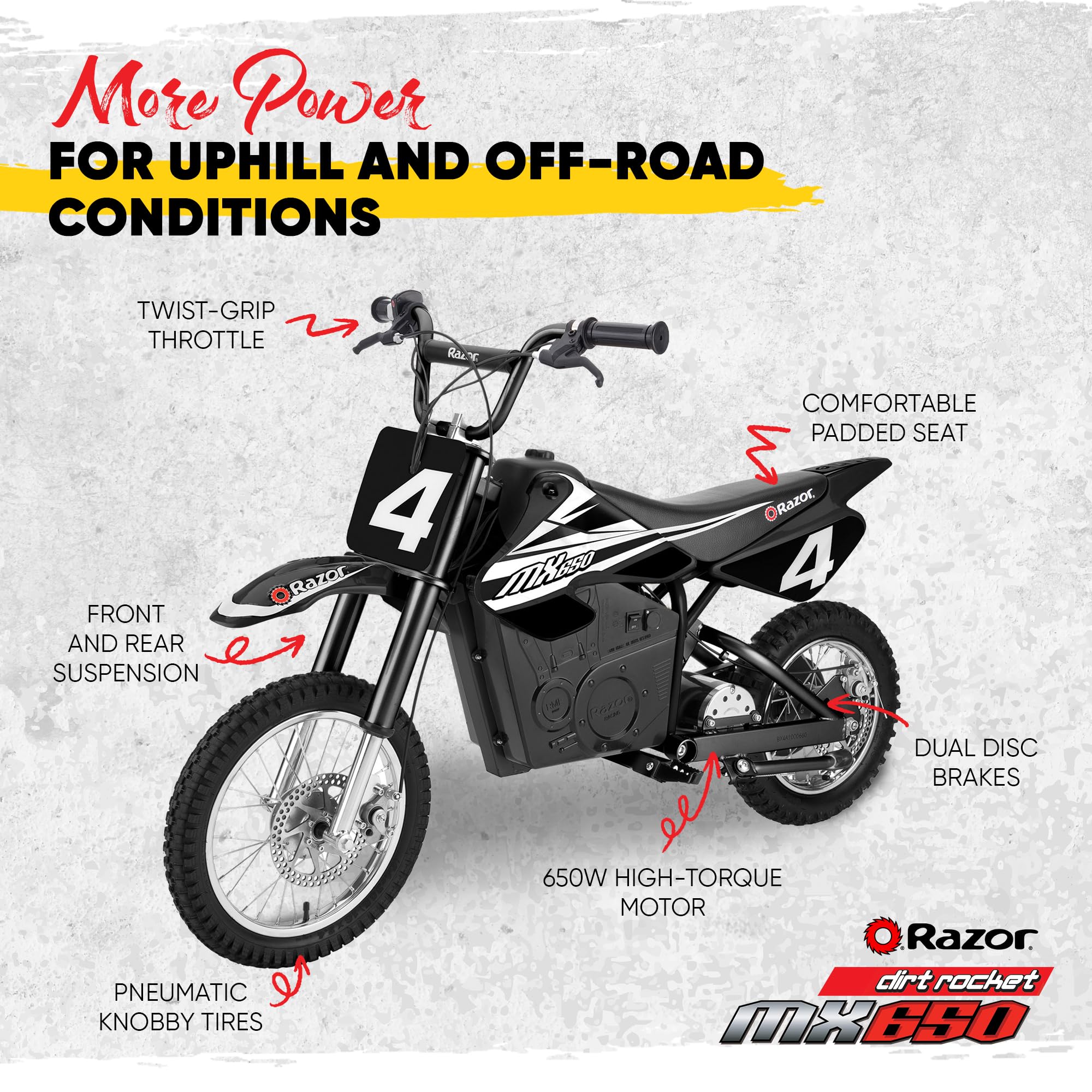Razor MX650 Dirt Rocket 36V Electric Motocross Bike, 56L x 24.5W x 36H inches, Black, Front & Rear Suspension, Twist Grip Throttle
