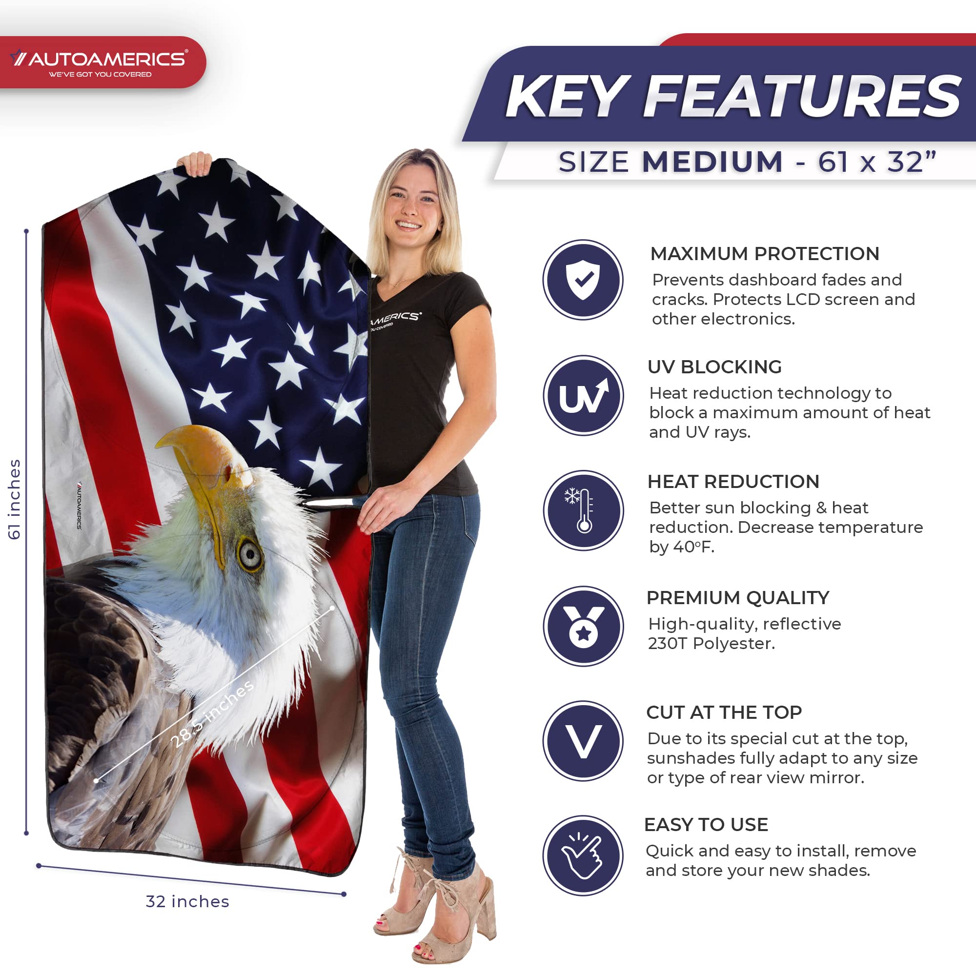 Autoamerics 1-Piece Windshield Sun Shade American Eagle Flag - 2 Usa Patriotic Design - Foldable Car Front Window Sunshade For S